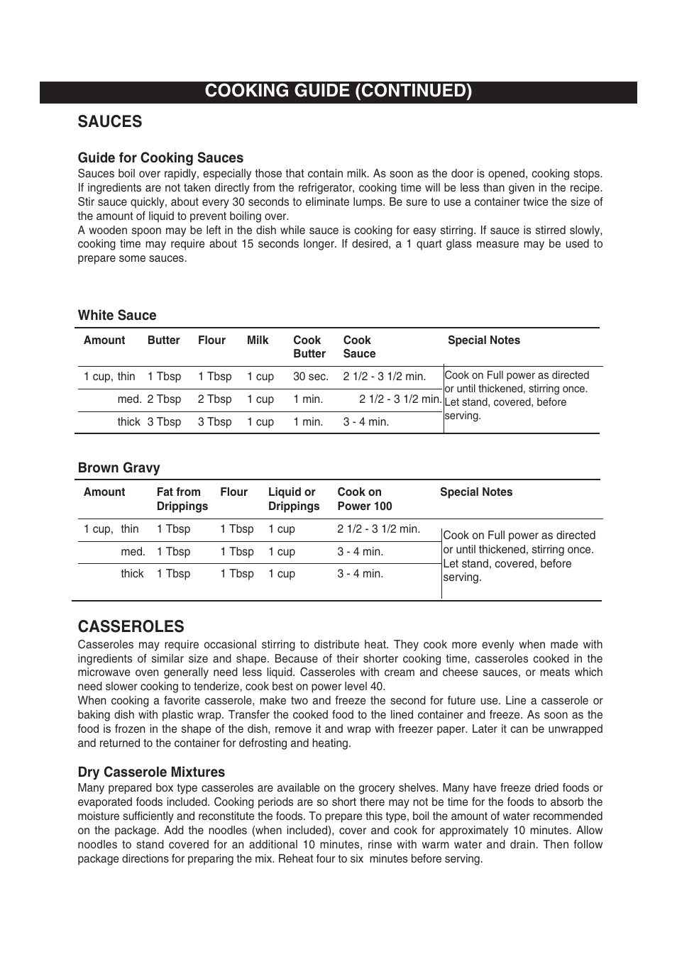 Cooking guide (continued), Sauces, Casseroles | Emerson MW8991SB User Manual | Page 24 / 30