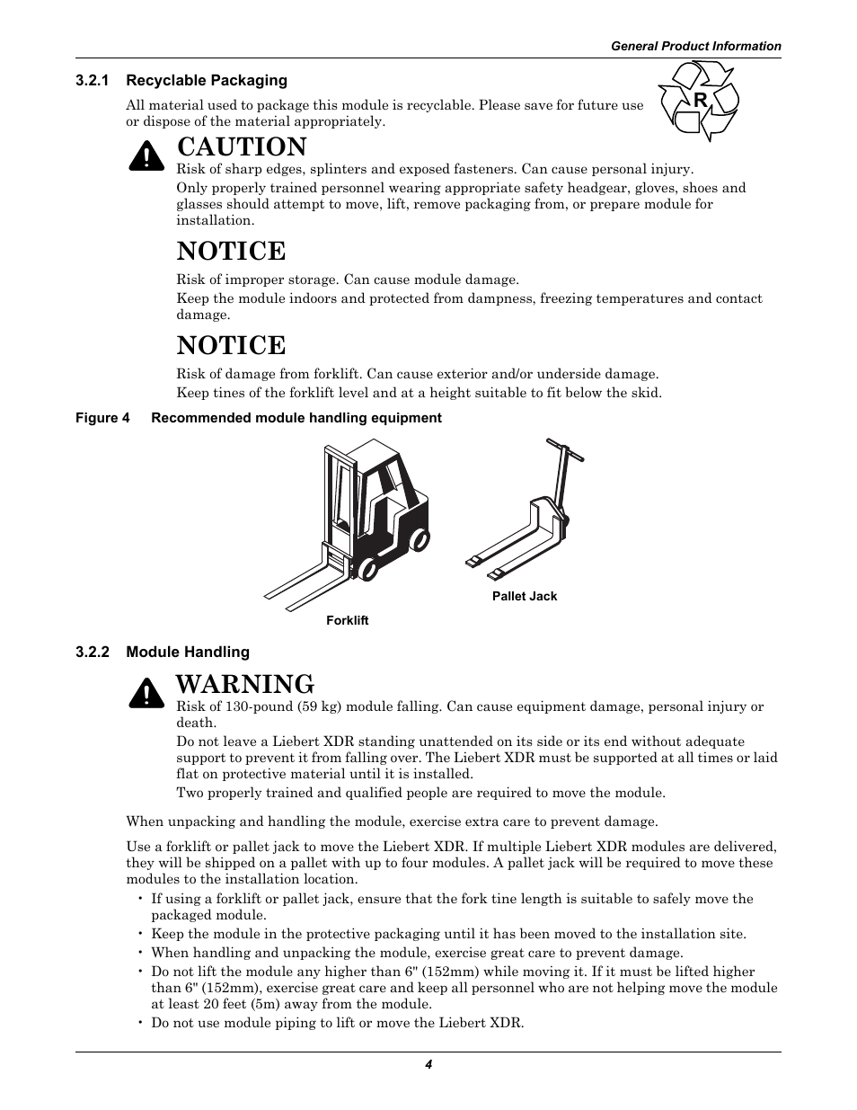 1 recyclable packaging, Figure 4 recommended module handling equipment, 2 module handling | Recyclable packaging, Module handling, Figure 4, Recommended module handling equipment, Notice, Caution, Warning | Emerson Liebert XDR User Manual | Page 10 / 40