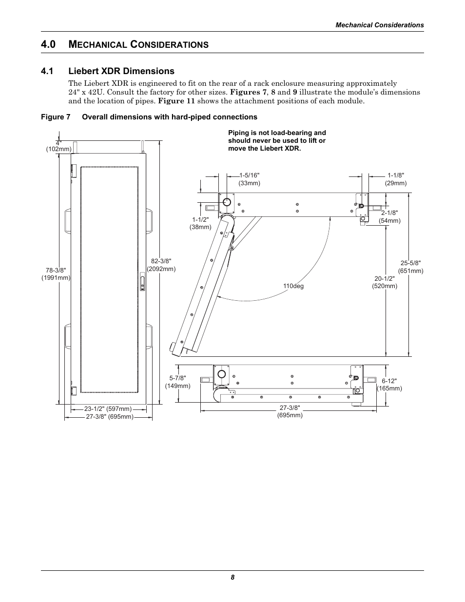 0 mechanical considerations, 1 liebert xdr dimensions, Echanical | Onsiderations, Liebert xdr dimensions, Figure 7, Overall dimensions with hard-piped connections | Emerson Liebert XDR User Manual | Page 14 / 40