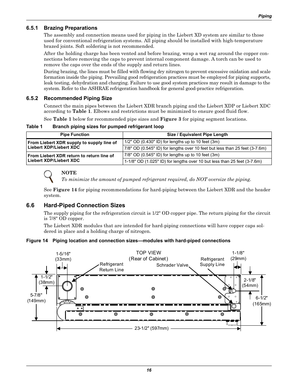 1 brazing preparations, 2 recommended piping size, 6 hard-piped connection sizes | Brazing preparations, Recommended piping size, Hard-piped connection sizes, Table 1, Branch piping sizes for pumped refrigerant loop, Figures 14, Figure 14 for hard | Emerson Liebert XDR User Manual | Page 22 / 40
