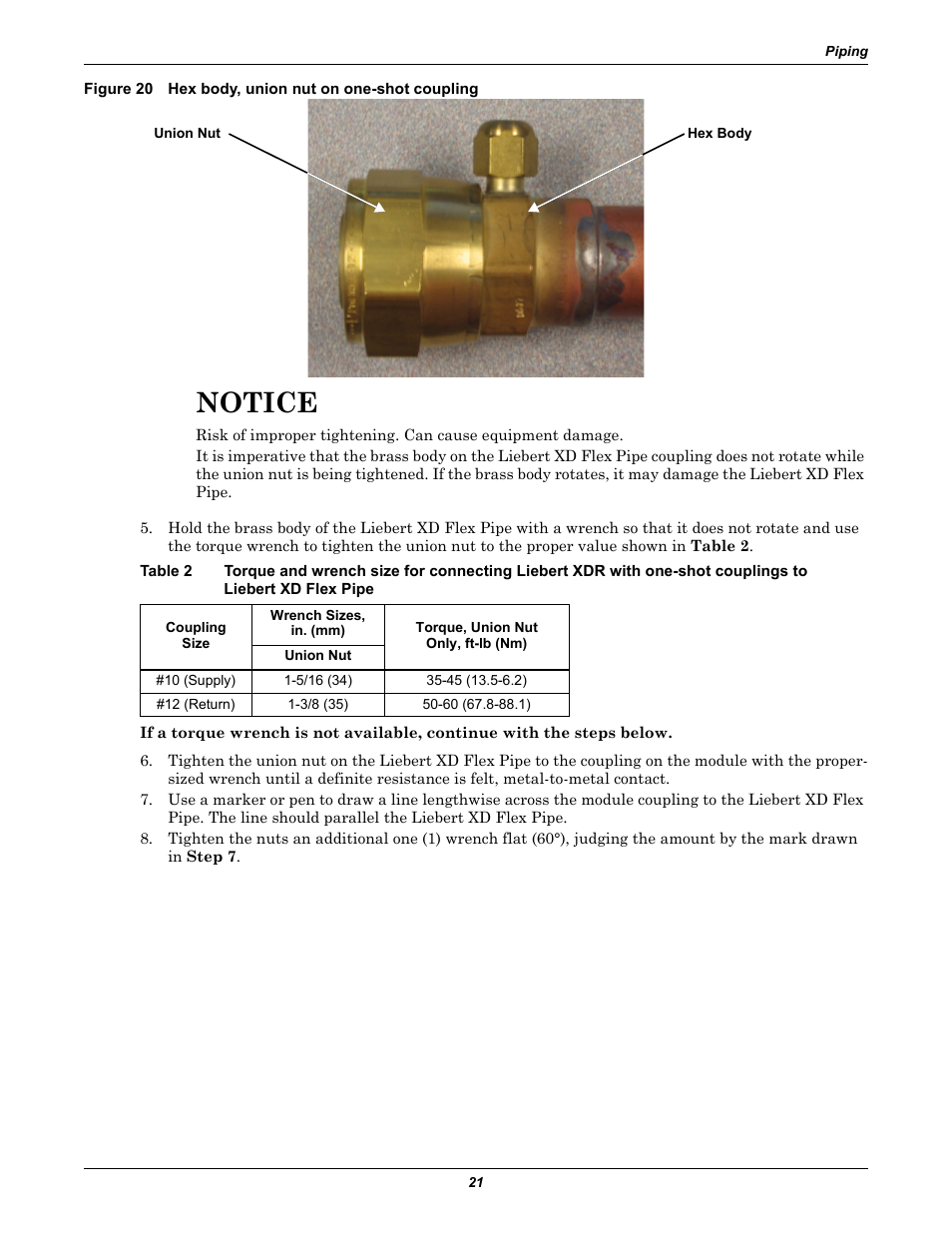 Figure 20 hex body, union nut on one-shot coupling, Notice | Emerson Liebert XDR User Manual | Page 27 / 40