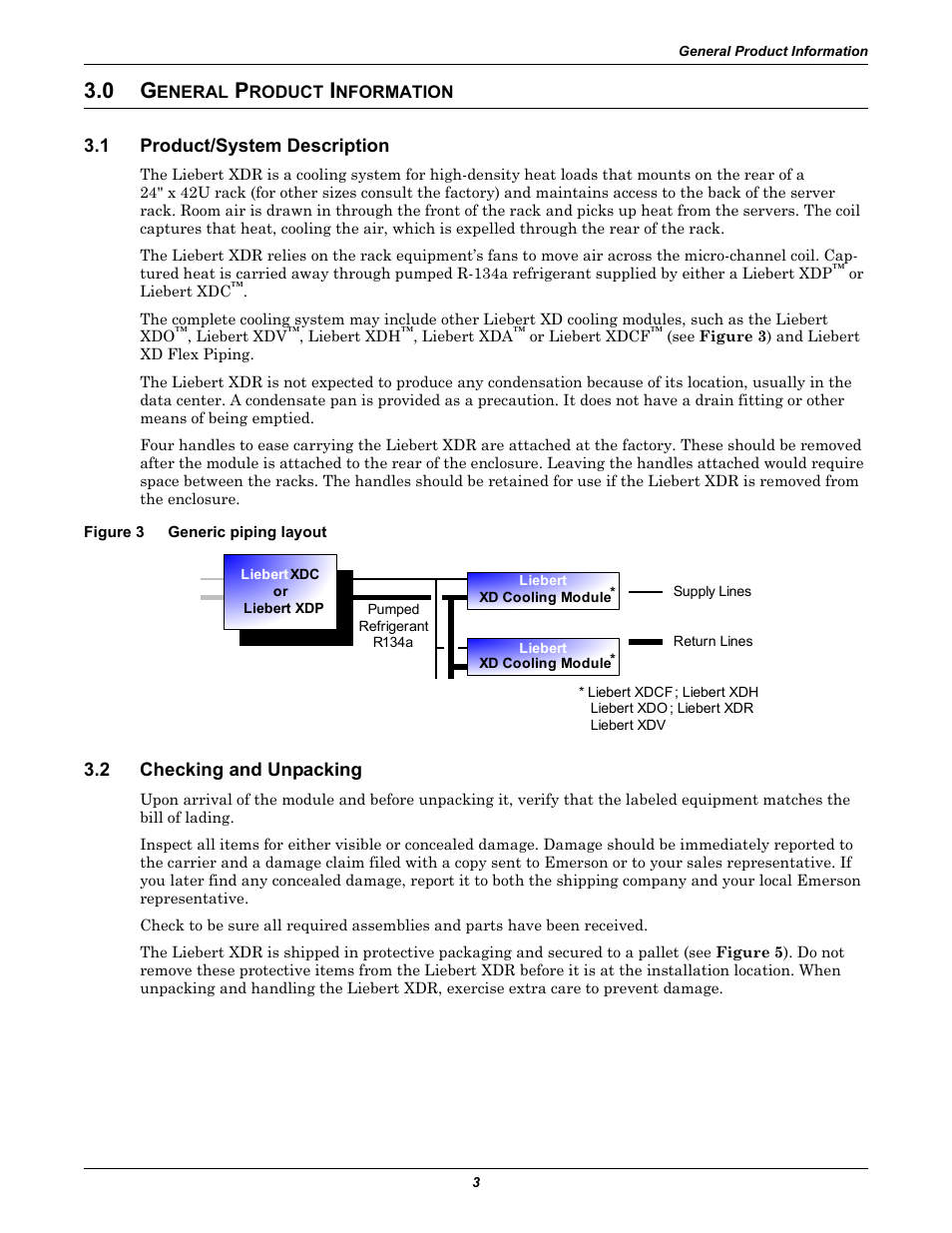 0 general product information, 1 product/system description, Figure 3 generic piping layout | 2 checking and unpacking, Eneral, Roduct, Nformation, Product/system description, Checking and unpacking, Figure 3 | Emerson Liebert XDR User Manual | Page 9 / 40
