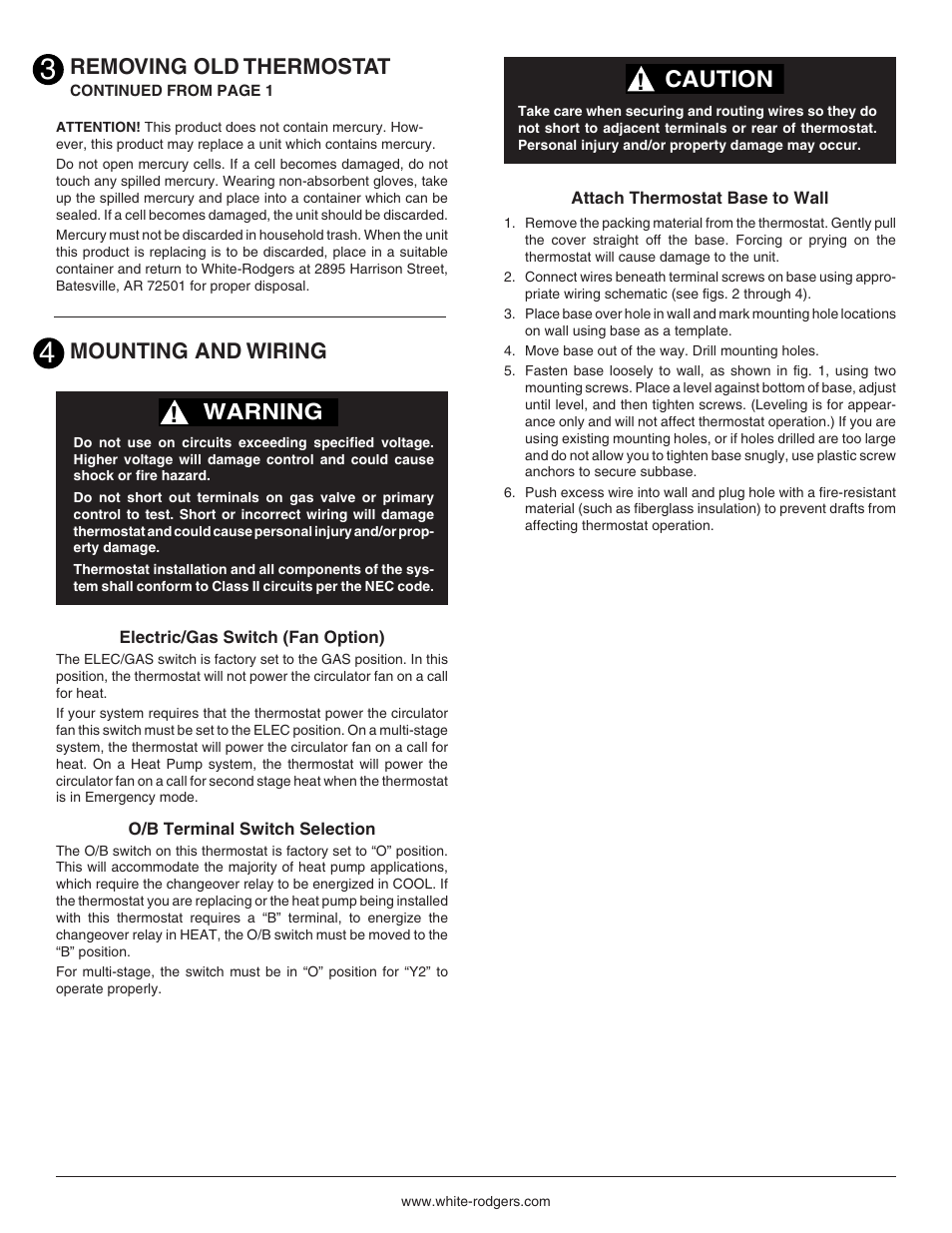 Caution, Warning, Mounting and wiring | Removing old thermostat | Emerson 1F73 User Manual | Page 2 / 8