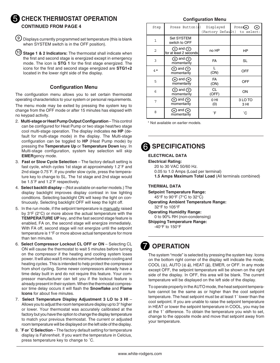 Check thermostat operation, Specifications, Operation | Emerson 1F73 User Manual | Page 6 / 8