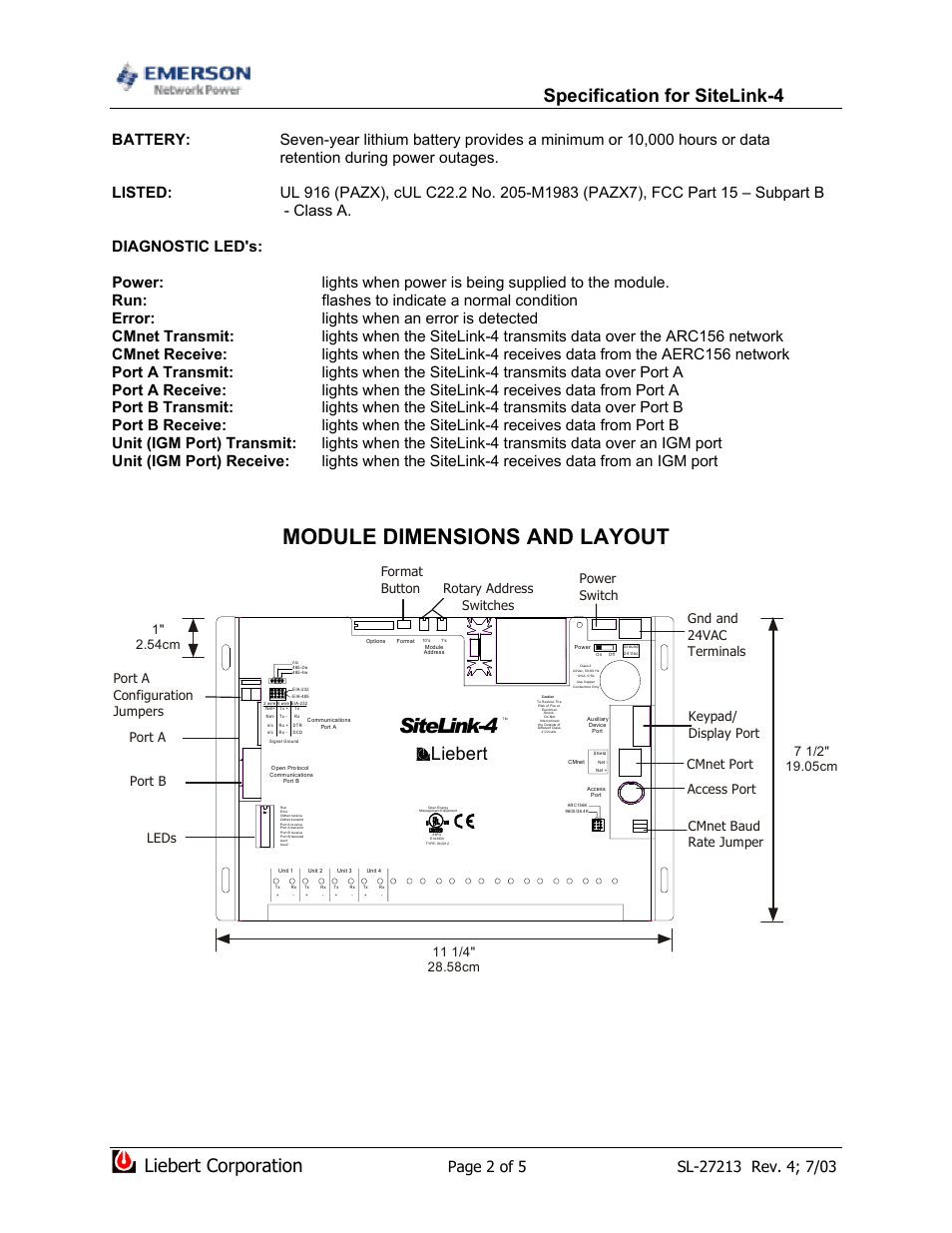 Module dimensions and layout, Sitelink-4, Specification for sitelink-4 | Liebert, Liebert corporation | Emerson SiteLink-4 User Manual | Page 2 / 5