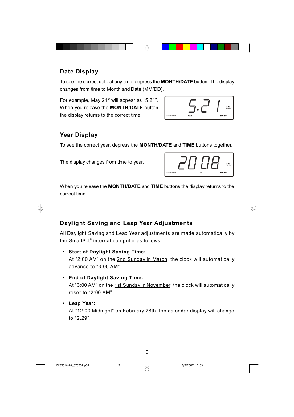 Dwh 'lvsod, Hdu 'lvsod, D\oljkw 6dylqj dqg /hds <hdu $gmxvwphqwv | Emerson Radio CKS3525 User Manual | Page 10 / 27