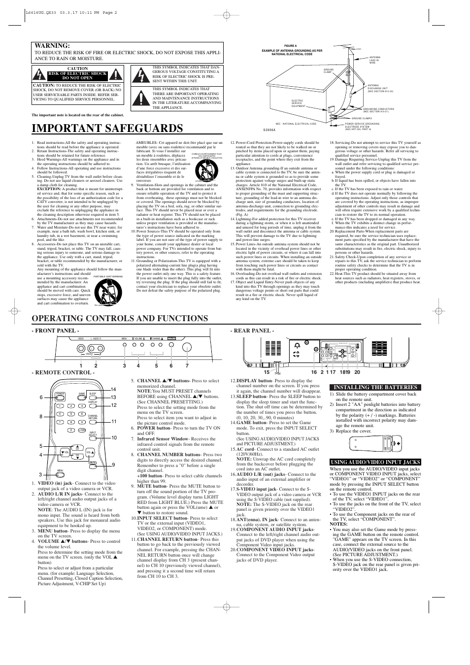 Important safeguards, Operating controls and functions, Warning | Rear panel, Remote control, Installing the batteries, Using audio/video input jacks, Front panel | Emerson EWF2703 User Manual | Page 2 / 8