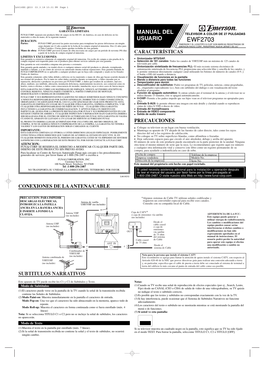 Ewf2703, Manual del usuario, Conexiones de la antena/cable precauciones | Características, Subtitulos narrativos | Emerson EWF2703 User Manual | Page 5 / 8