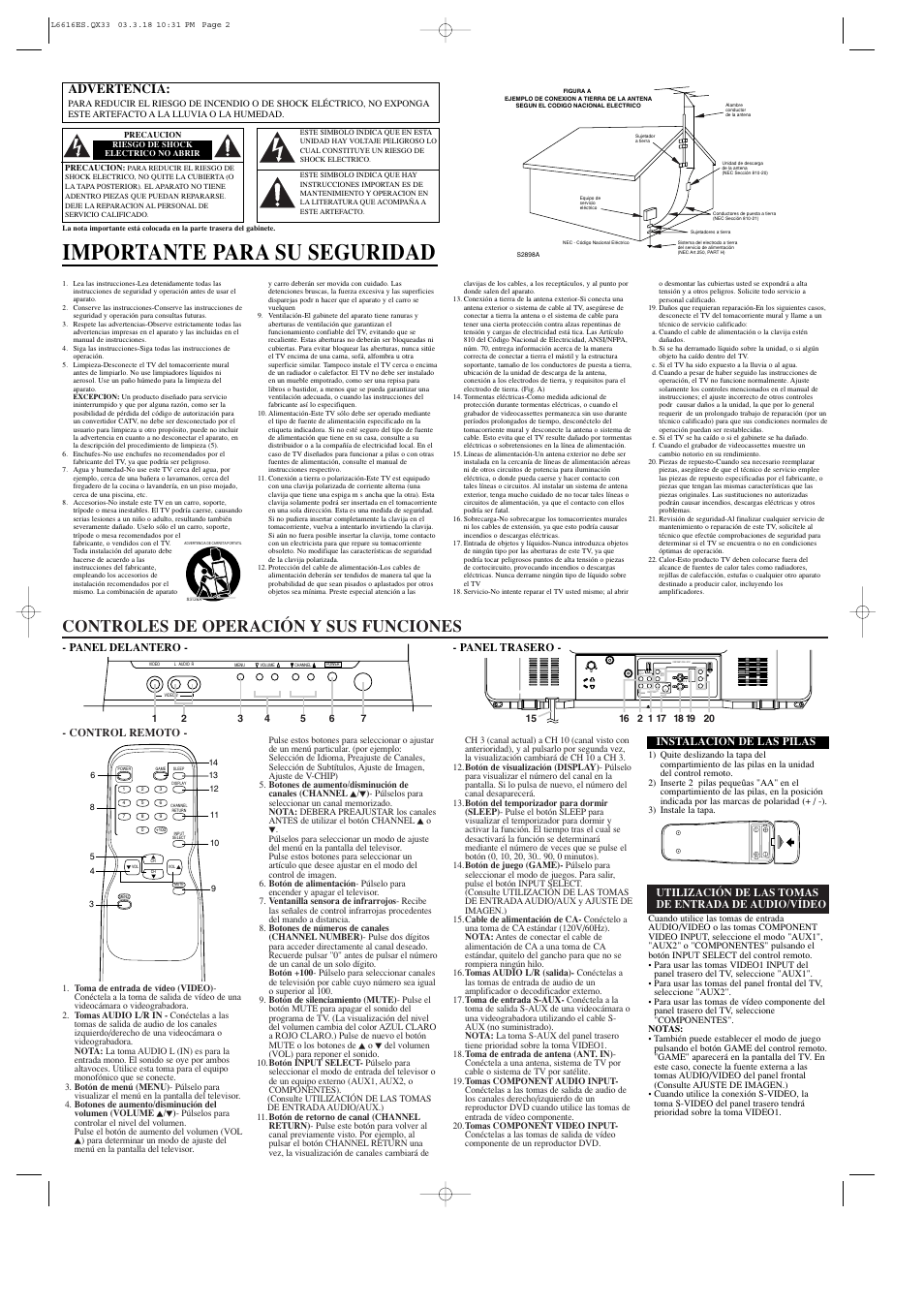 Importante para su seguridad, Controles de operación y sus funciones, Advertencia | Control remoto, Utilización de las tomas de entrada de audio/vídeo, Instalacion de las pilas, Panel delantero - - panel trasero | Emerson EWF2703 User Manual | Page 6 / 8