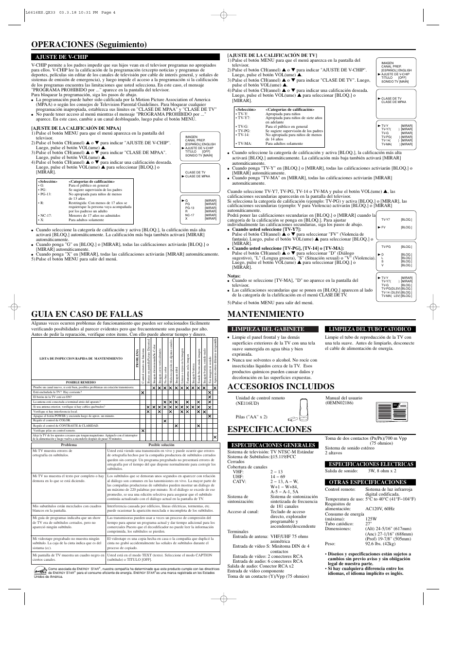 Especificaciones, Operaciones (seguimiento), Owner’s manual | Especificaciones generales, Especificaciones electricas, Otras especificaciones, Limpieza del gabinete, Limpieza del tubo catodico, Ajuste de v-chip | Emerson EWF2703 User Manual | Page 8 / 8
