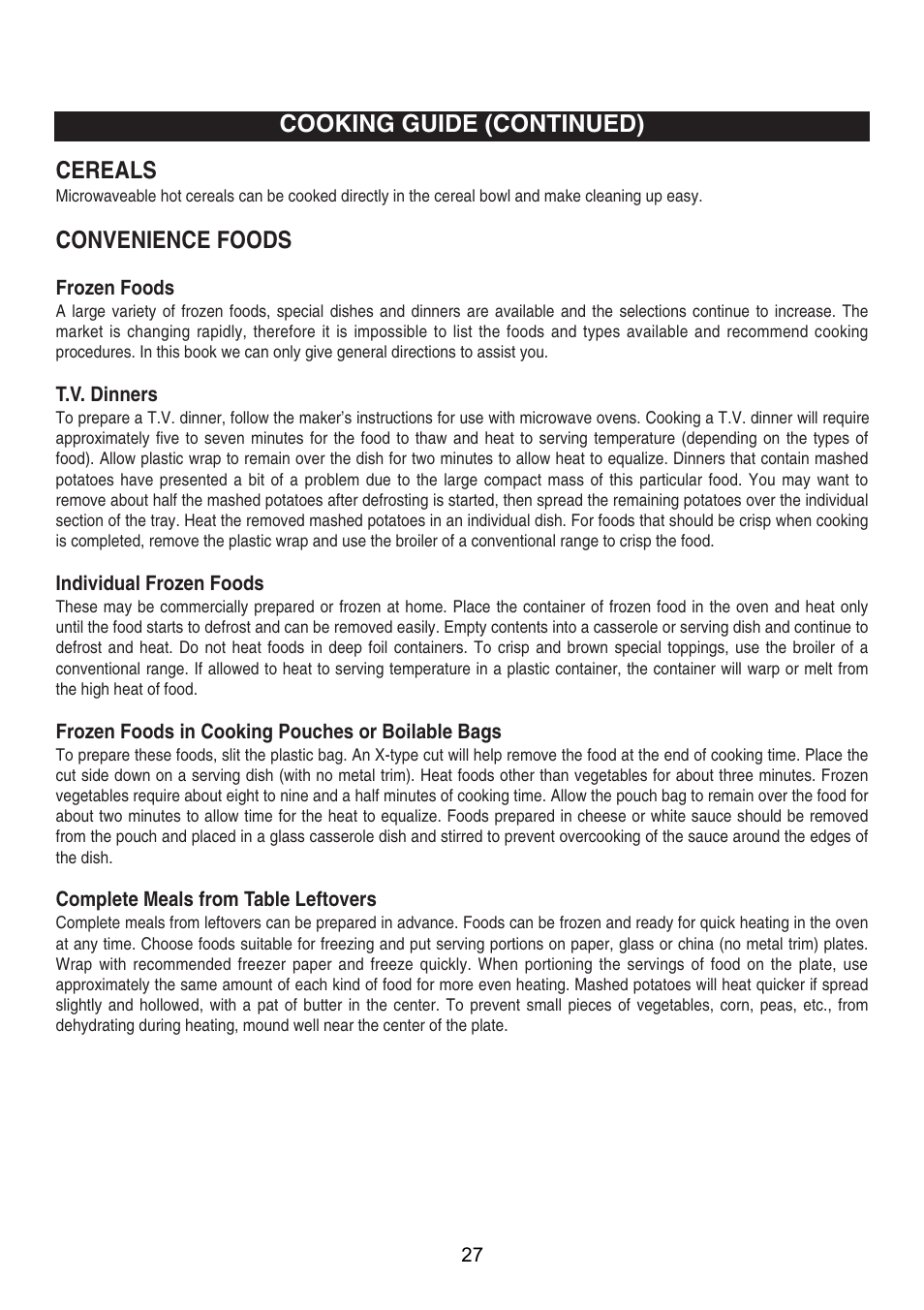 Cooking guide (continued), Cereals, Convenience foods | Emerson Radio MW9325SL User Manual | Page 28 / 32