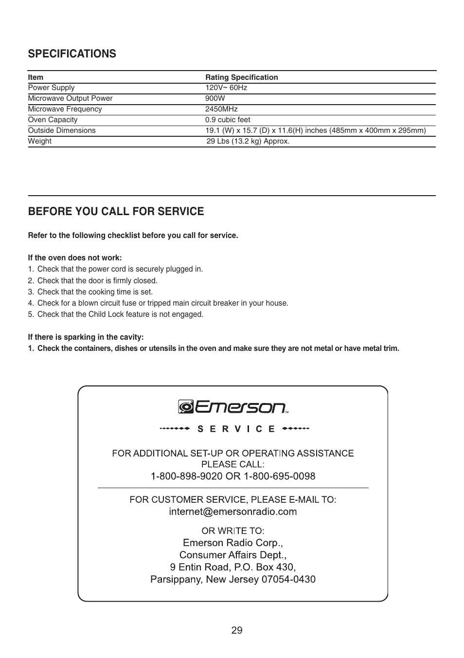 Specifications before you call for service | Emerson Radio MW9325SL User Manual | Page 30 / 32