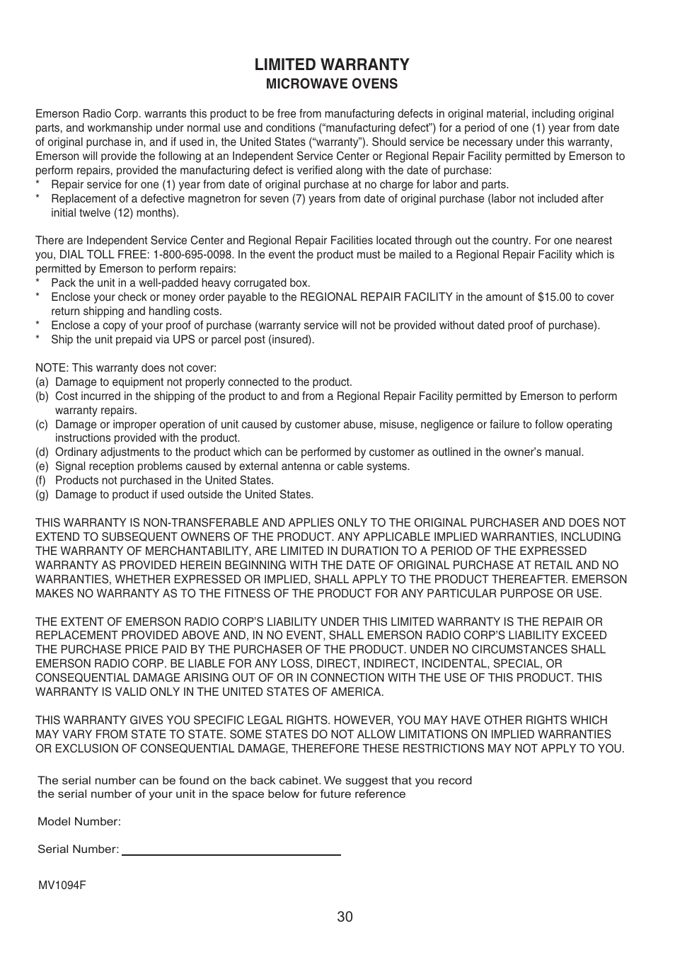 Limited warranty | Emerson Radio MW9325SL User Manual | Page 31 / 32