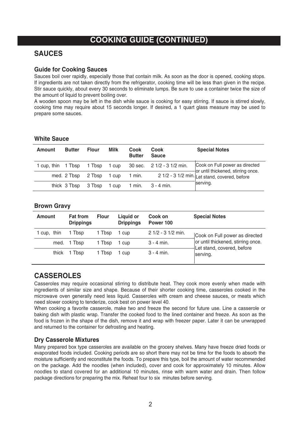 Cooking guide (continued), Sauces, Casseroles | Emerson Radio MW8995W User Manual | Page 25 / 31