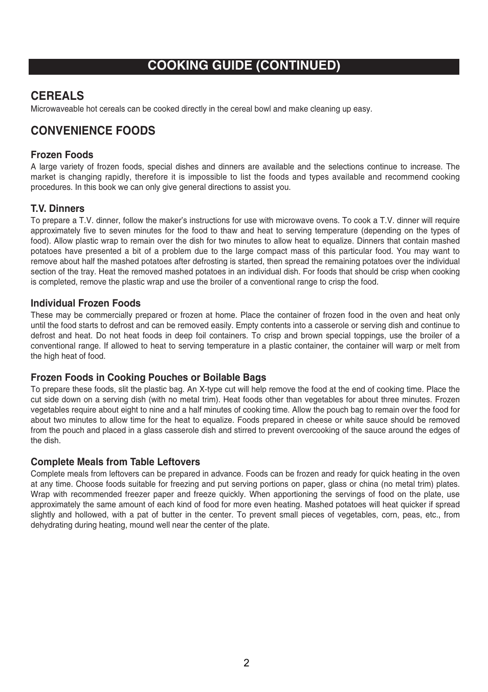 Cooking guide (continued), Cereals, Convenience foods | Emerson Radio MW8995W User Manual | Page 27 / 31