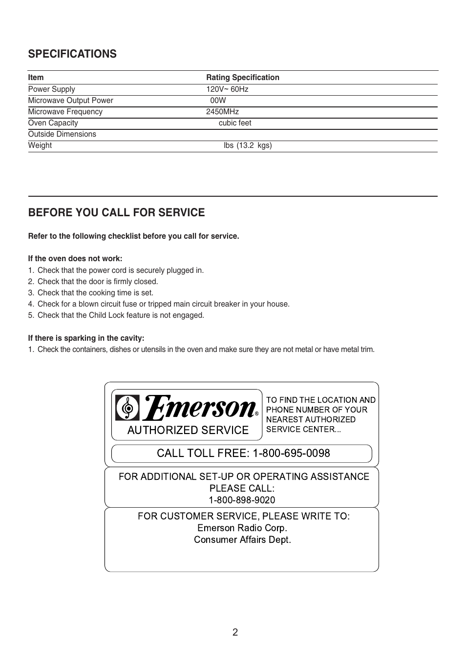 Specifications, Before you call for service | Emerson Radio MW8995W User Manual | Page 29 / 31