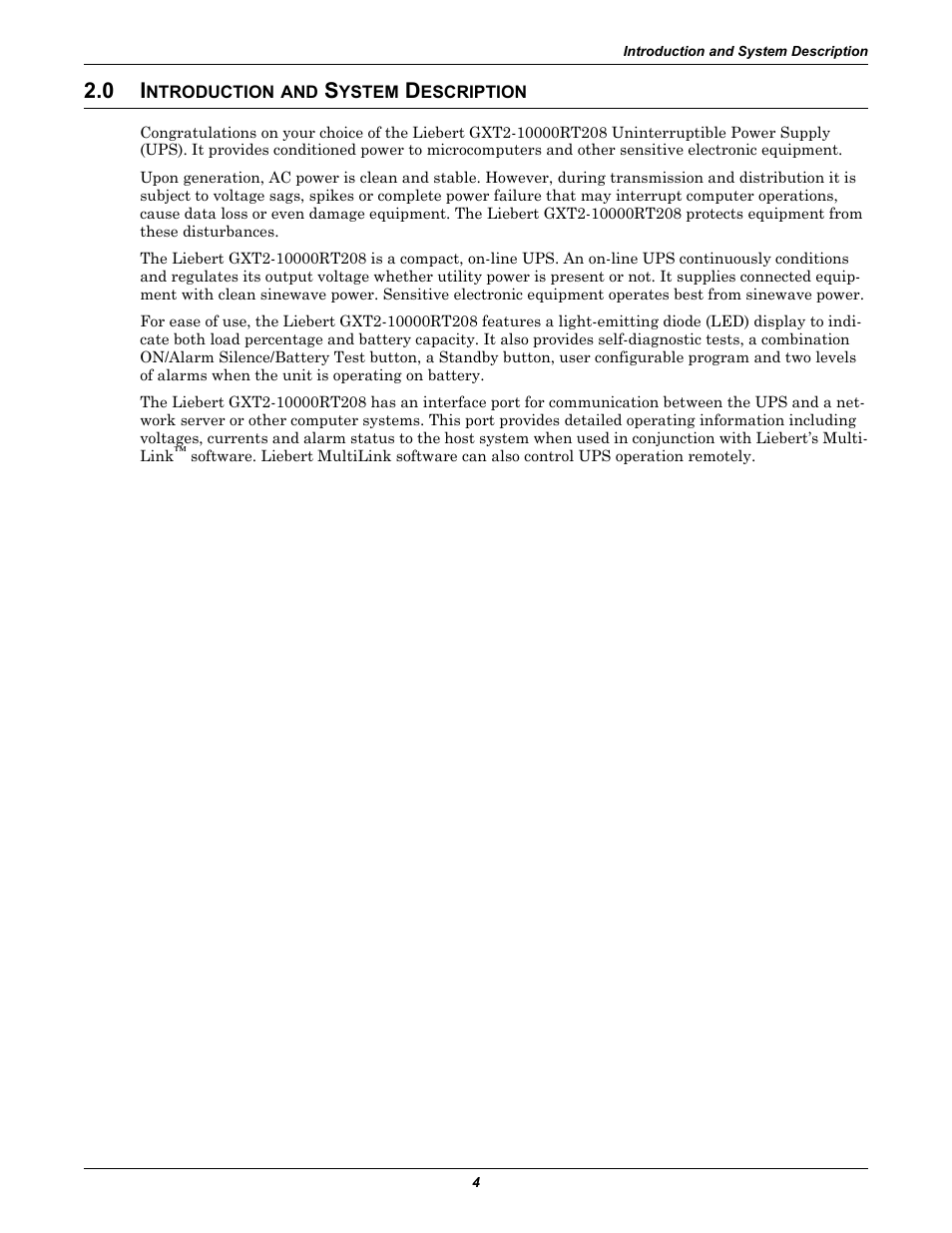 0 introduction and system description, Ntroduction, Ystem | Escription | Emerson Liebert GXT2-10000RT208 User Manual | Page 10 / 56