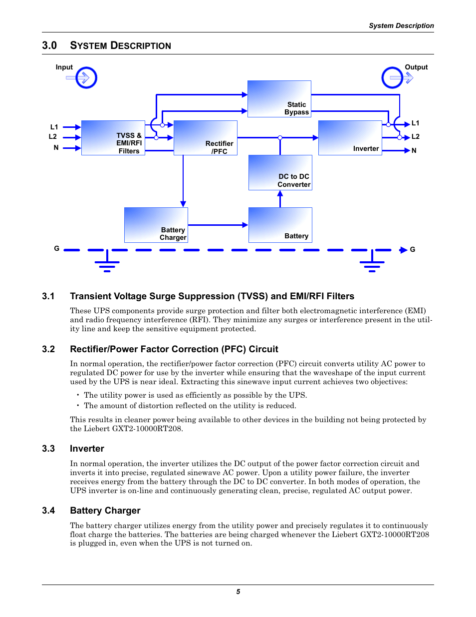 0 system description, 2 rectifier/power factor correction (pfc) circuit, 3 inverter | 4 battery charger, Ystem, Escription, Rectifier/power factor correction (pfc) circuit, Inverter, Battery charger | Emerson Liebert GXT2-10000RT208 User Manual | Page 11 / 56