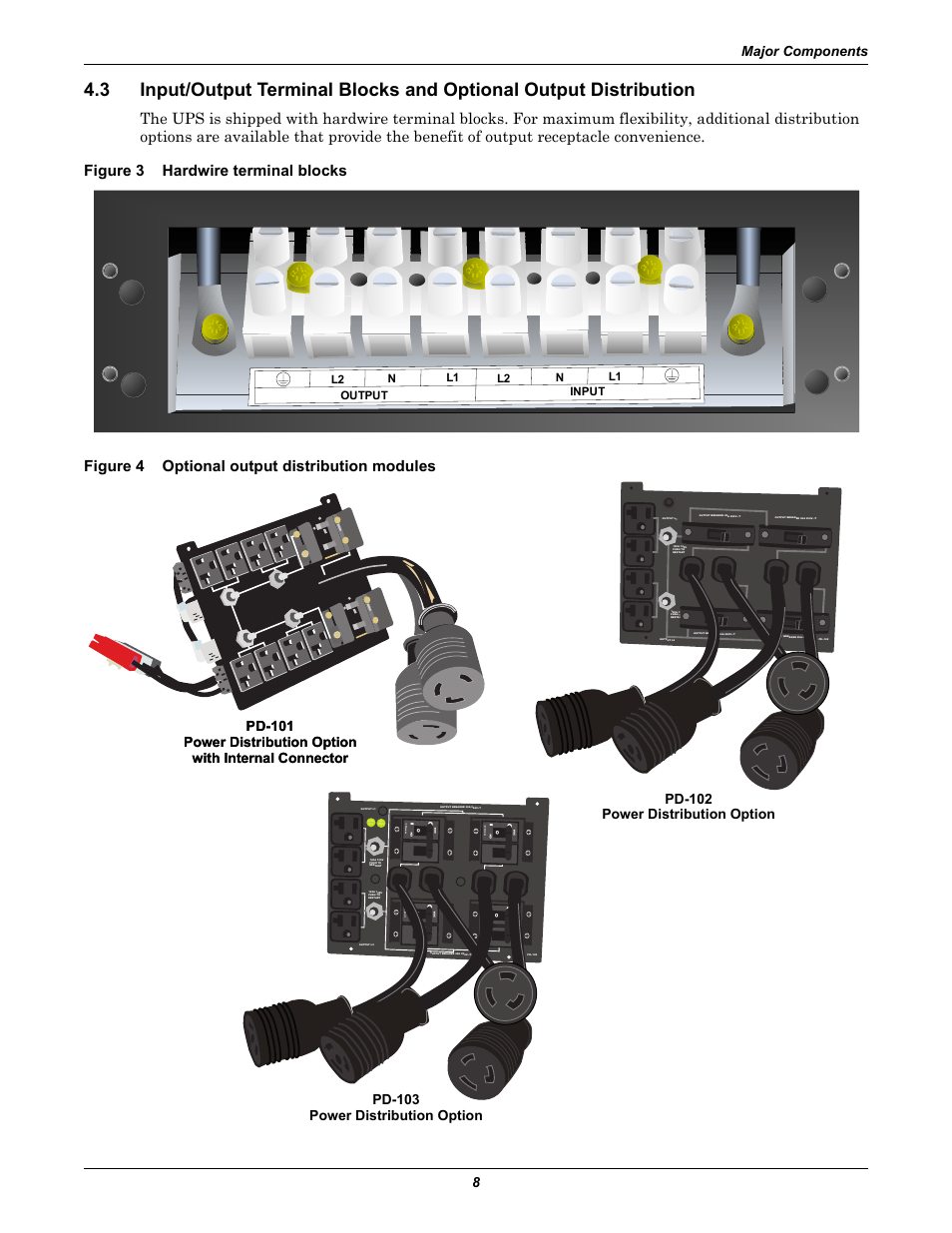 Figure 3 hardwire terminal blocks, Figure 4 optional output distribution modules, Figure 3 | Hardwire terminal blocks, Figure 4, Optional output distribution modules, Major components 8, Pd-103 power distribution option | Emerson Liebert GXT2-10000RT208 User Manual | Page 14 / 56