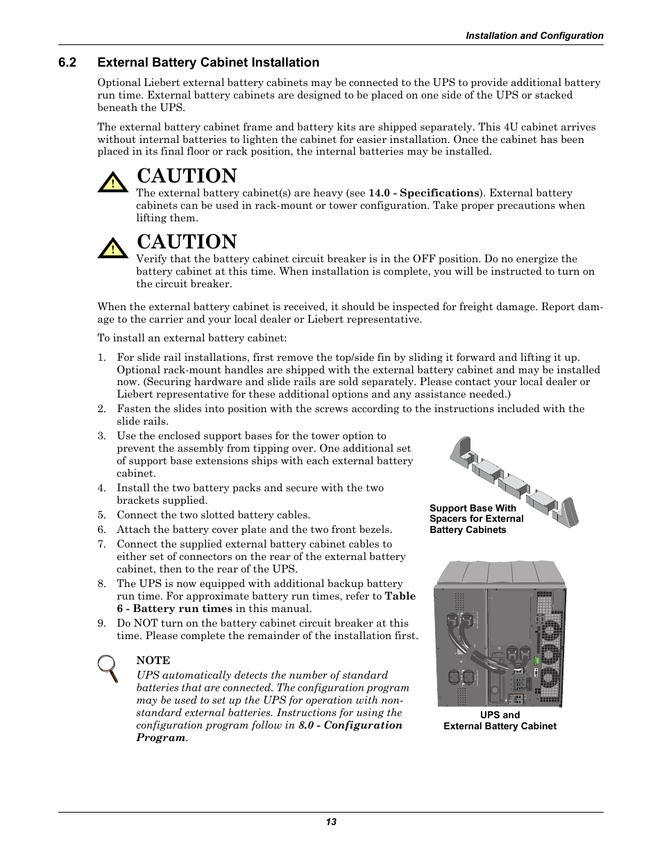 2 external battery cabinet installation, External battery cabinet installation, Caution | Emerson Liebert GXT2-10000RT208 User Manual | Page 19 / 56