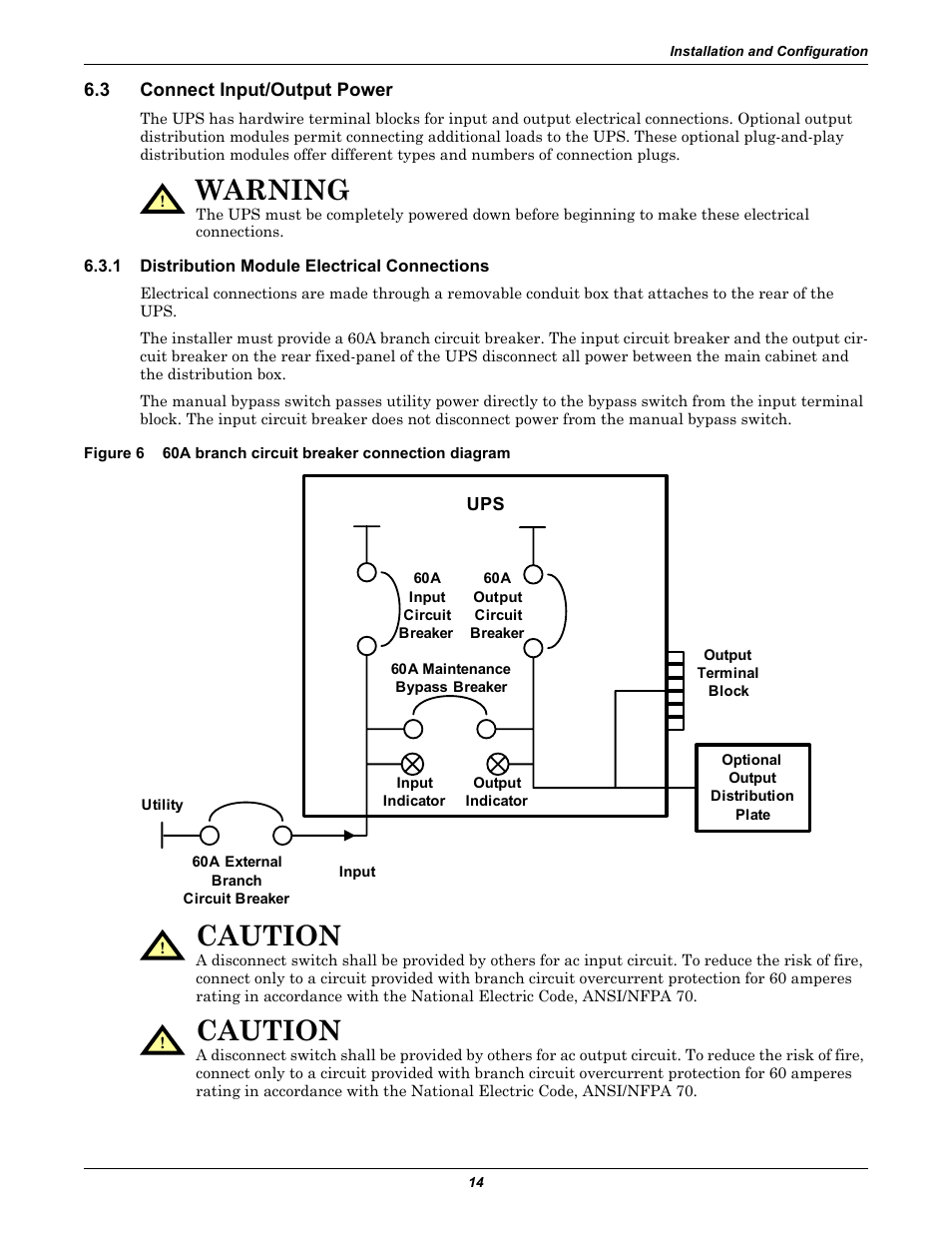 3 connect input/output power, 1 distribution module electrical connections, Connect input/output power | Distribution module electrical connections, Figure 6, 60a branch circuit breaker connection diagram, Warning, Caution | Emerson Liebert GXT2-10000RT208 User Manual | Page 20 / 56