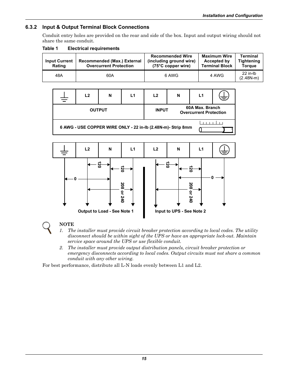 2 input & output terminal block connections, Table 1 electrical requirements, Input & output terminal block connections | Electrical requirements | Emerson Liebert GXT2-10000RT208 User Manual | Page 21 / 56
