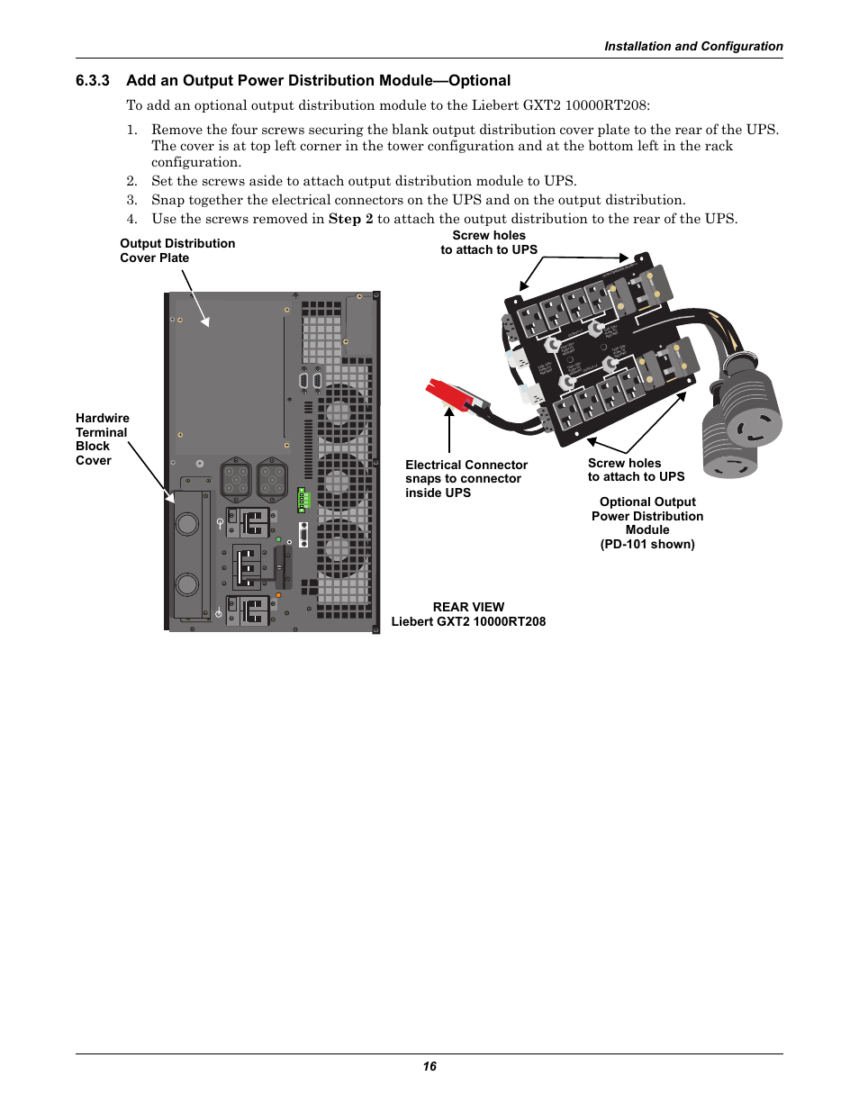 3 add an output power distribution module—optional, Add an output power distribution module—optional, Installation and configuration 16 | Emerson Liebert GXT2-10000RT208 User Manual | Page 22 / 56