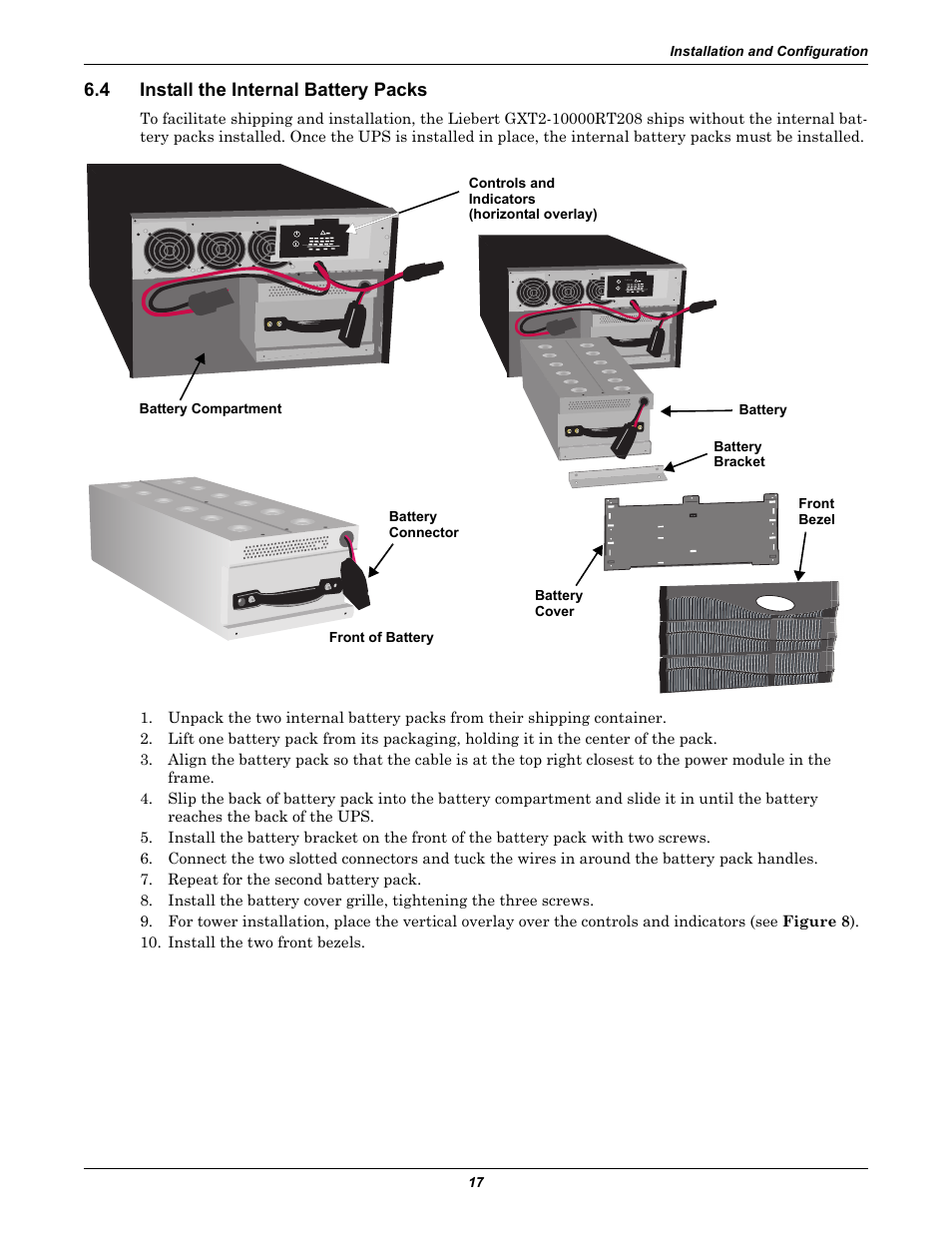 4 install the internal battery packs, Install the internal battery packs | Emerson Liebert GXT2-10000RT208 User Manual | Page 23 / 56