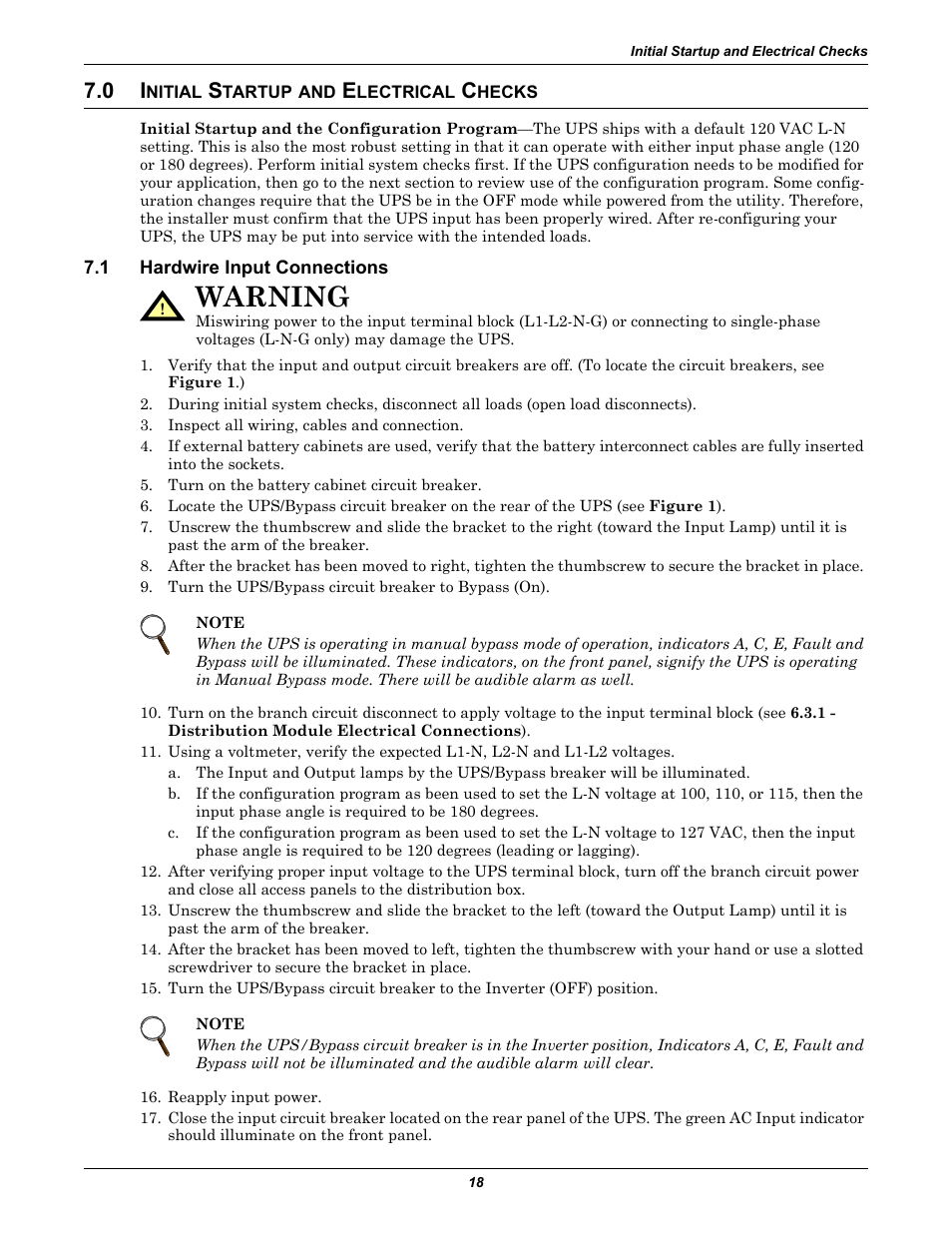 0 initial startup and electrical checks, 1 hardwire input connections, Nitial | Tartup, Lectrical, Hecks, Hardwire input connections, Warning | Emerson Liebert GXT2-10000RT208 User Manual | Page 24 / 56