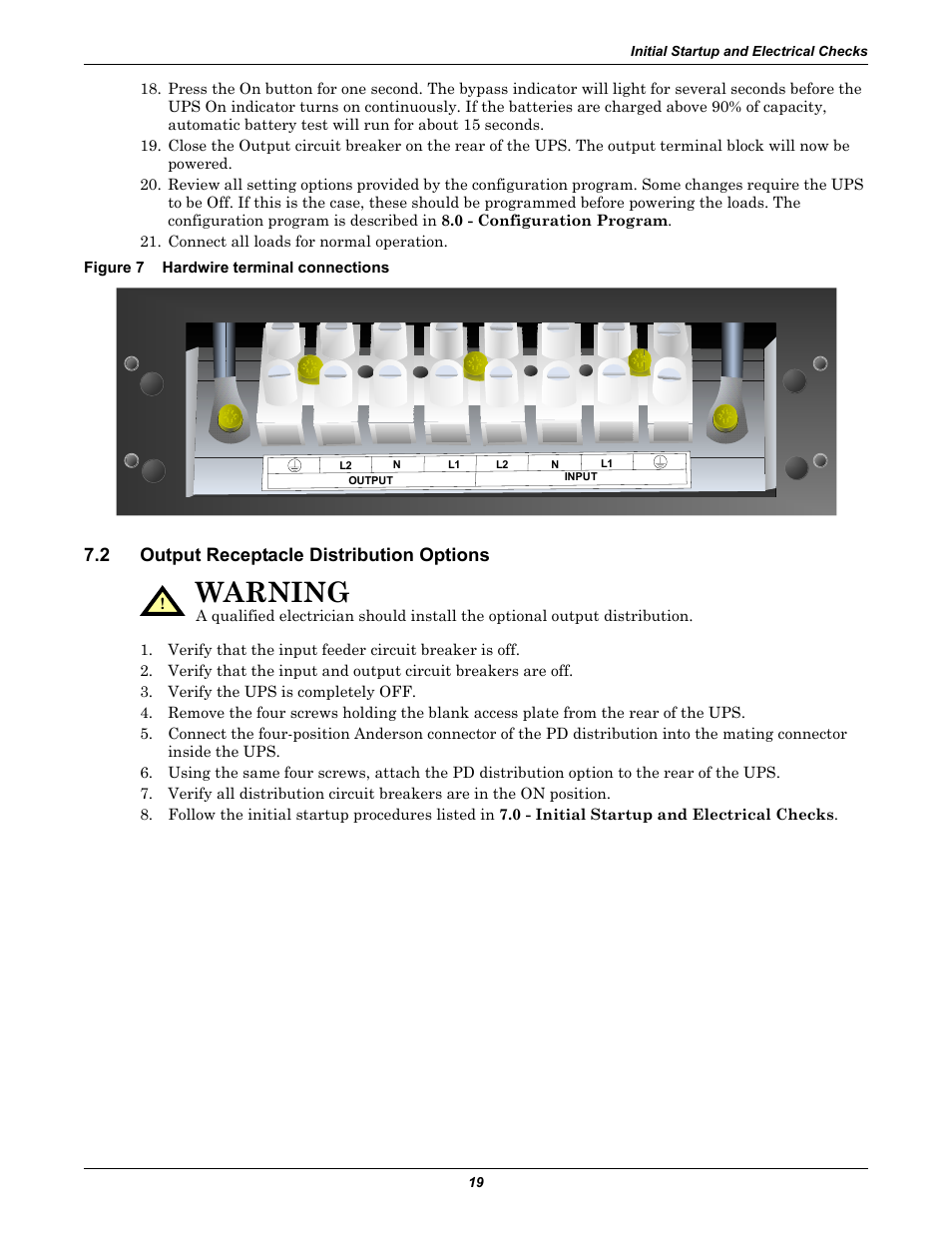Figure 7 hardwire terminal connections, 2 output receptacle distribution options, Output receptacle distribution options | Figure 7, Hardwire terminal connections, Warning | Emerson Liebert GXT2-10000RT208 User Manual | Page 25 / 56