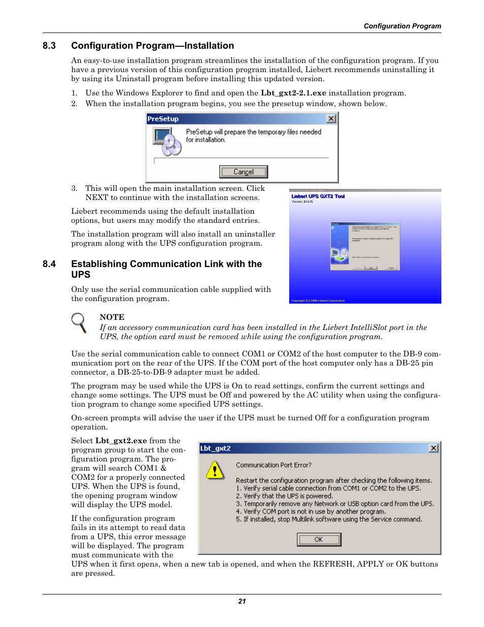3 configuration program—installation, 4 establishing communication link with the ups, Configuration program—installation | Establishing communication link with the ups | Emerson Liebert GXT2-10000RT208 User Manual | Page 27 / 56