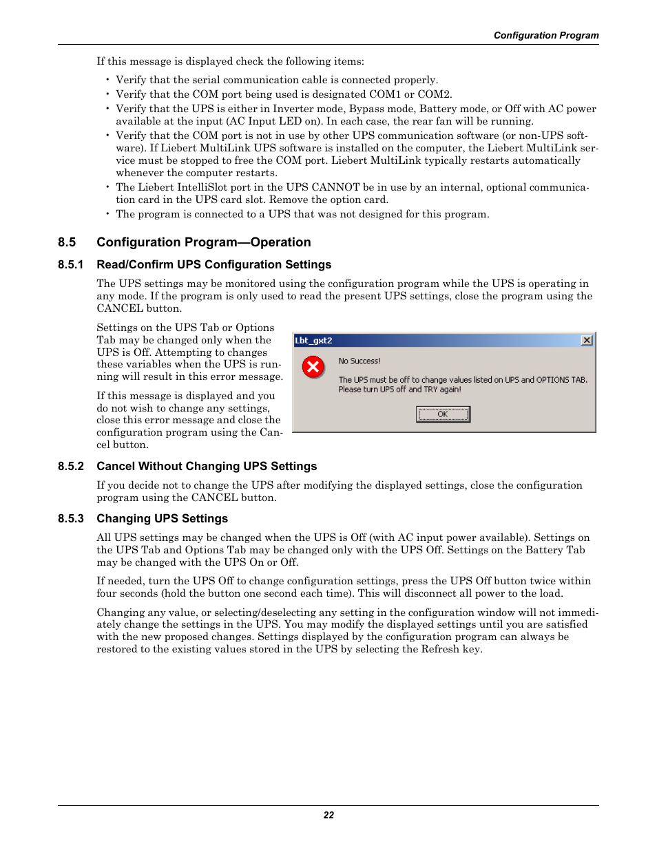 5 configuration program—operation, 1 read/confirm ups configuration settings, 2 cancel without changing ups settings | 3 changing ups settings, Configuration program—operation, Read/confirm ups configuration settings, Cancel without changing ups settings, Changing ups settings | Emerson Liebert GXT2-10000RT208 User Manual | Page 28 / 56