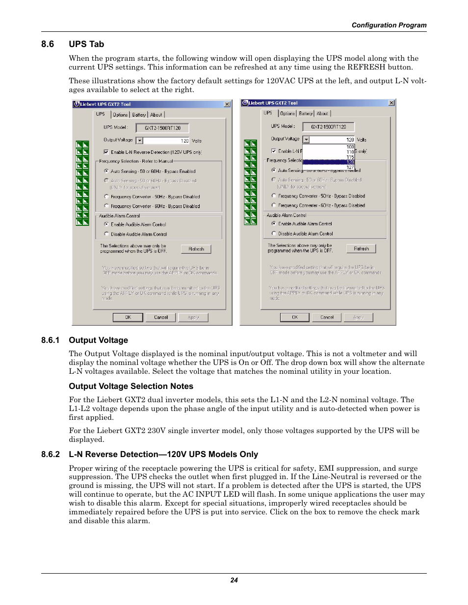 6 ups tab, 1 output voltage, Output voltage selection notes | 2 l-n reverse detection—120v ups models only, Ups tab, Output voltage, L-n reverse detection—120v ups models only | Emerson Liebert GXT2-10000RT208 User Manual | Page 30 / 56