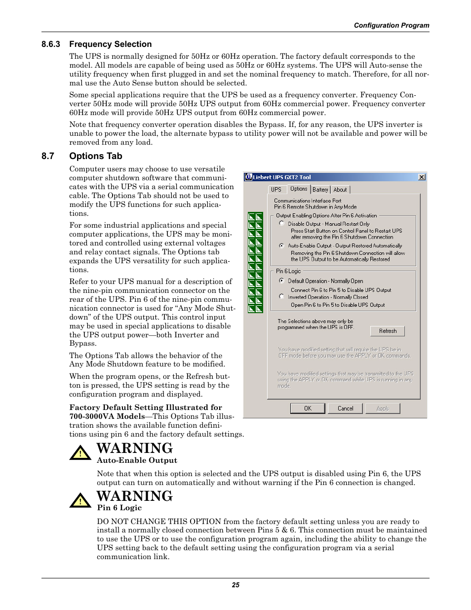 3 frequency selection, 7 options tab, Frequency selection | Options tab, Warning | Emerson Liebert GXT2-10000RT208 User Manual | Page 31 / 56