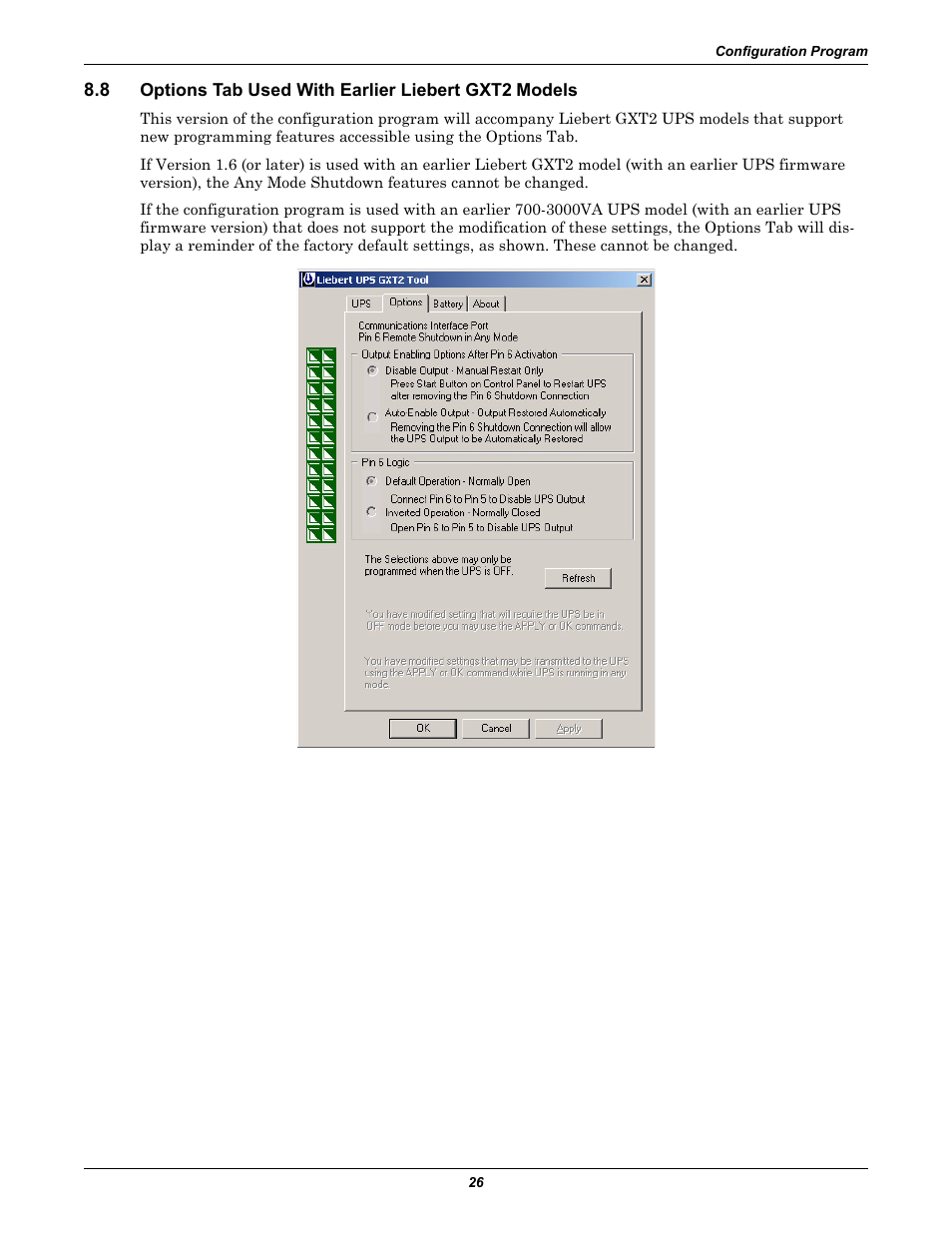 Options tab used with earlier liebert gxt2 models | Emerson Liebert GXT2-10000RT208 User Manual | Page 32 / 56