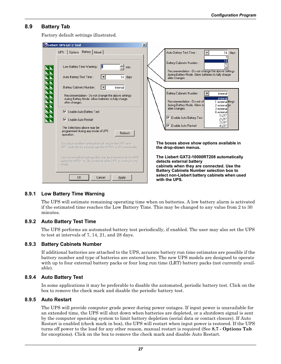 9 battery tab, 1 low battery time warning, 2 auto battery test time | 3 battery cabinets number, 4 auto battery test, 5 auto restart, Battery tab, Low battery time warning, Auto battery test time, Battery cabinets number | Emerson Liebert GXT2-10000RT208 User Manual | Page 33 / 56