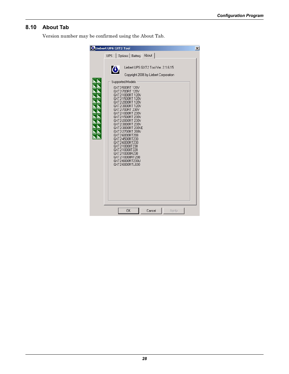10 about tab, About tab | Emerson Liebert GXT2-10000RT208 User Manual | Page 34 / 56