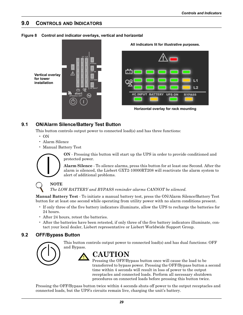 0 controls and indicators, 1 on/alarm silence/battery test button, 2 off/bypass button | Ontrols, Ndicators, On/alarm silence/battery test button, Off/bypass button, Figure 8, Caution | Emerson Liebert GXT2-10000RT208 User Manual | Page 35 / 56