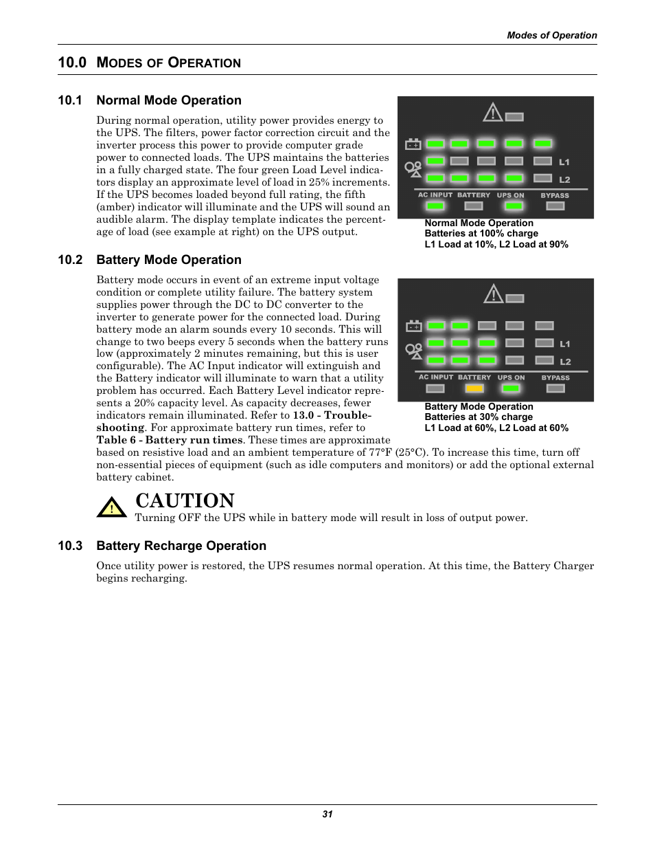 0 modes of operation, 1 normal mode operation, 2 battery mode operation | 3 battery recharge operation, Odes, Peration, Normal mode operation, Battery mode operation, Battery recharge operation, Caution | Emerson Liebert GXT2-10000RT208 User Manual | Page 37 / 56
