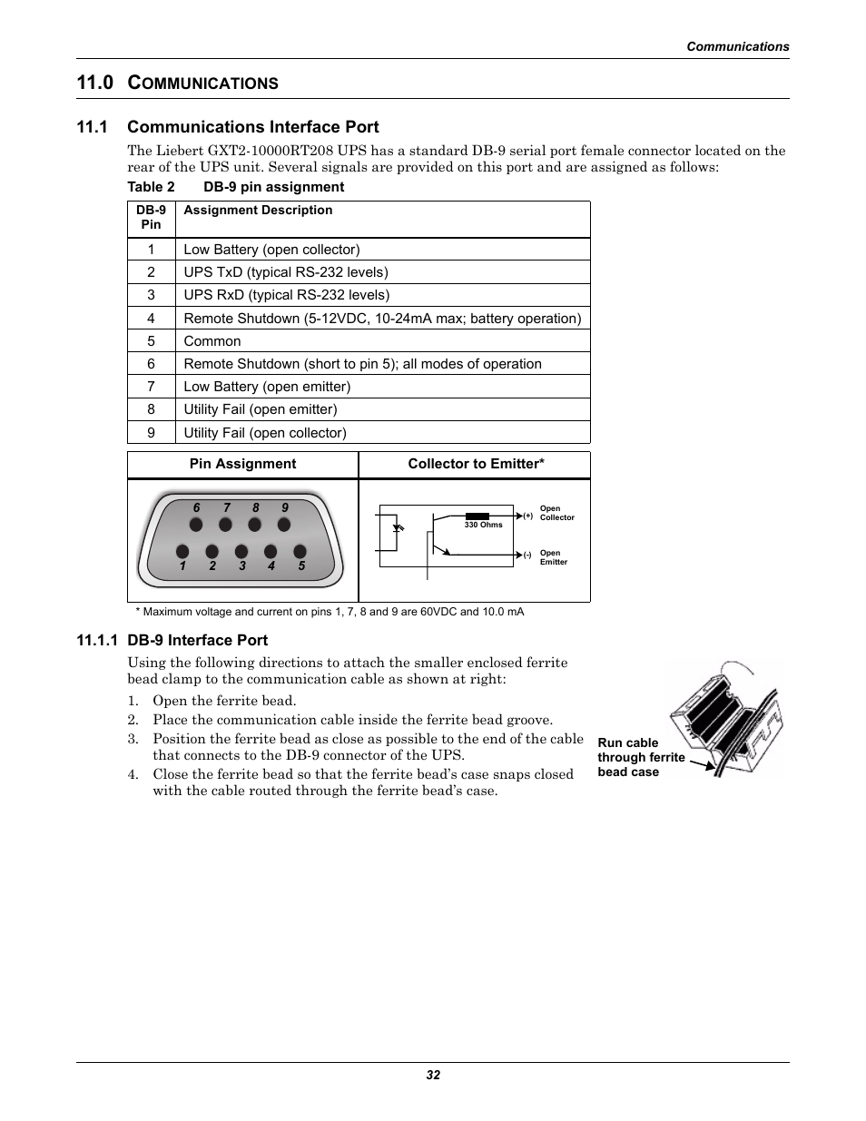 0 communications, 1 communications interface port, Table 2 db-9 pin assignment | 1 db-9 interface port, Ommunications, Communications interface port, Table 2, Db-9 pin assignment | Emerson Liebert GXT2-10000RT208 User Manual | Page 38 / 56