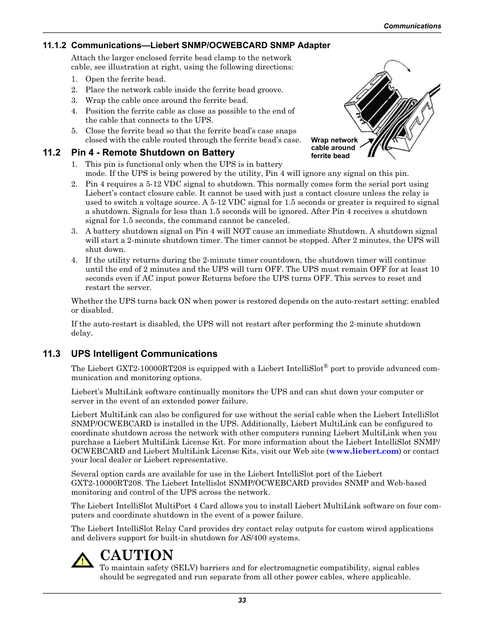 2 pin 4 - remote shutdown on battery, 3 ups intelligent communications, Pin 4 - remote shutdown on battery | Ups intelligent communications, Caution | Emerson Liebert GXT2-10000RT208 User Manual | Page 39 / 56