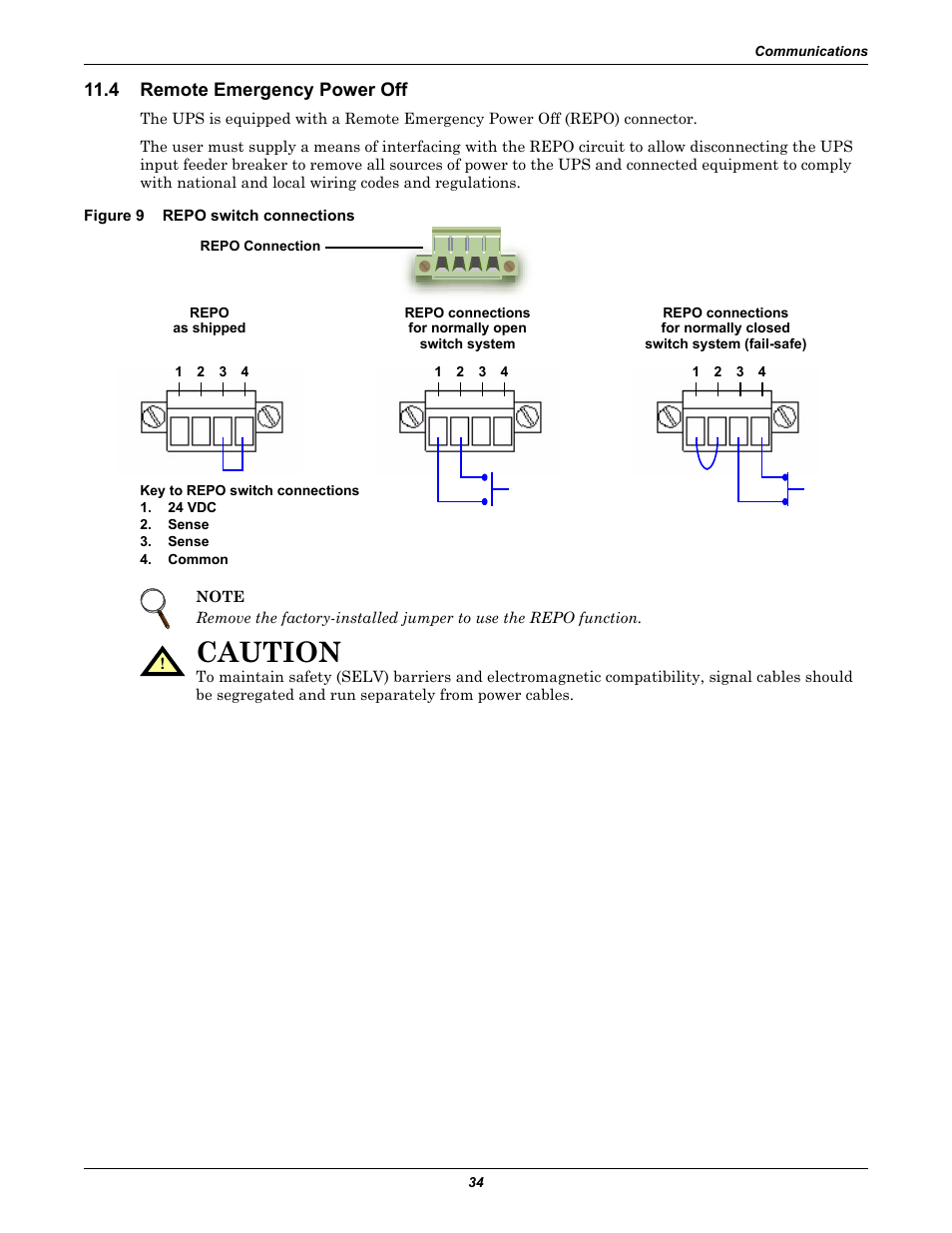 4 remote emergency power off, Figure 9 repo switch connections, Remote emergency power off | Figure 9, Repo switch connections, Caution | Emerson Liebert GXT2-10000RT208 User Manual | Page 40 / 56