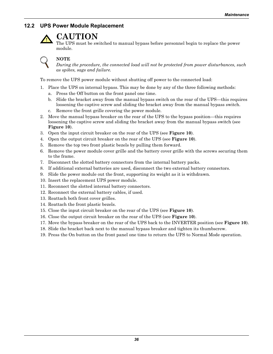 2 ups power module replacement, Ups power module replacement, Caution | Emerson Liebert GXT2-10000RT208 User Manual | Page 42 / 56