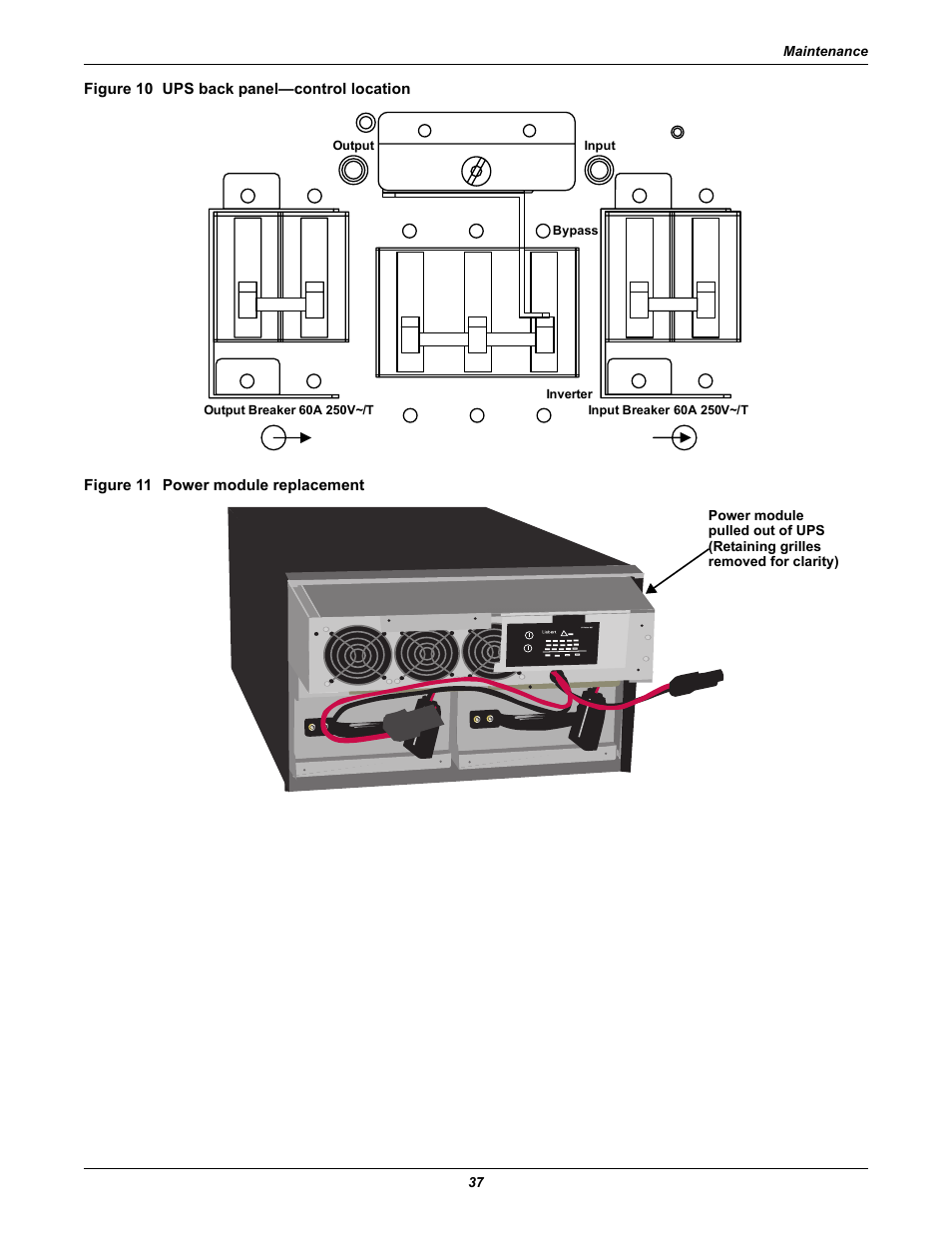 Figure 10 ups back panel—control location, Figure 11 power module replacement, Figure 10 ) | Ups (see figure 10 ), Figure 10 | Emerson Liebert GXT2-10000RT208 User Manual | Page 43 / 56
