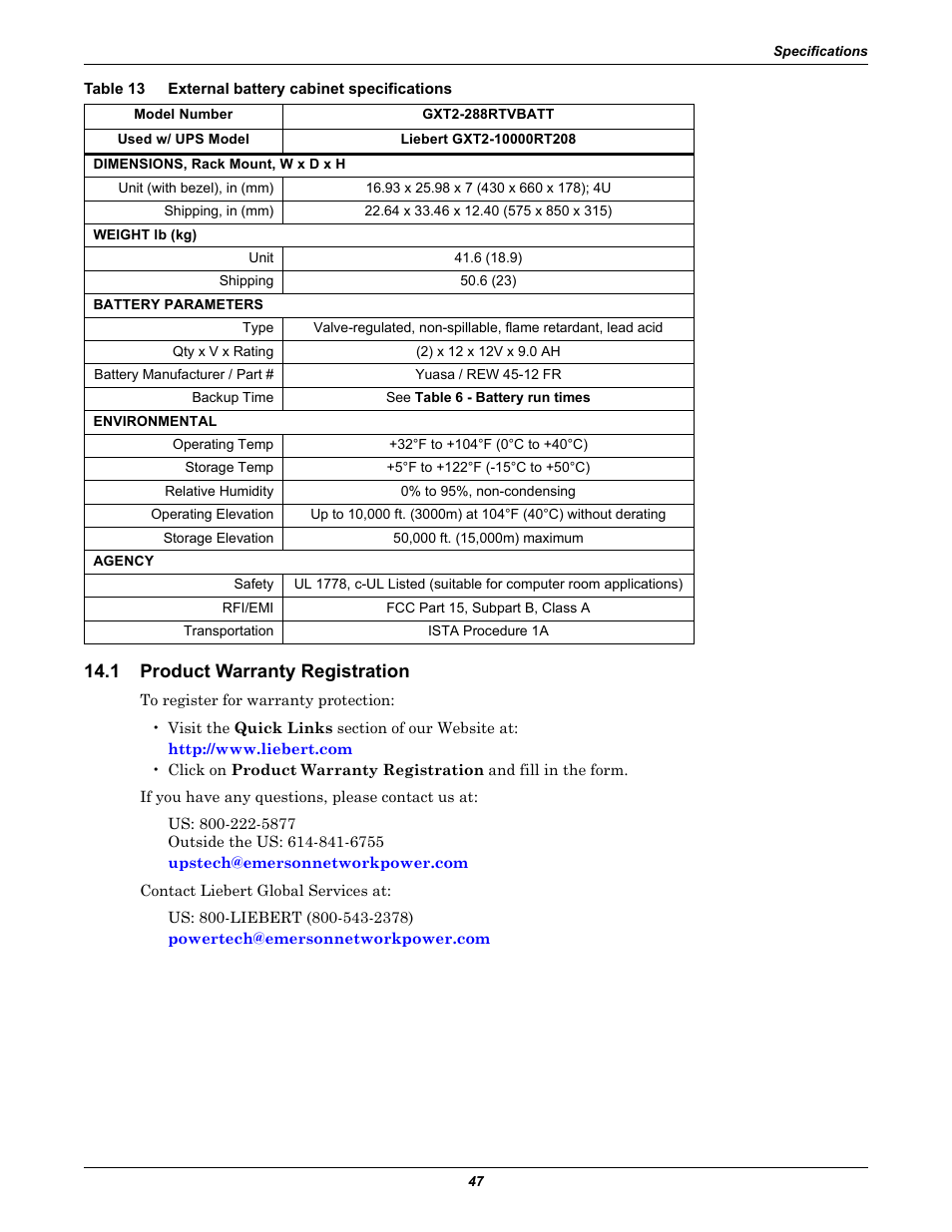Table 13 external battery cabinet specifications, 1 product warranty registration, Product warranty registration | Table 13, External battery cabinet specifications | Emerson Liebert GXT2-10000RT208 User Manual | Page 53 / 56