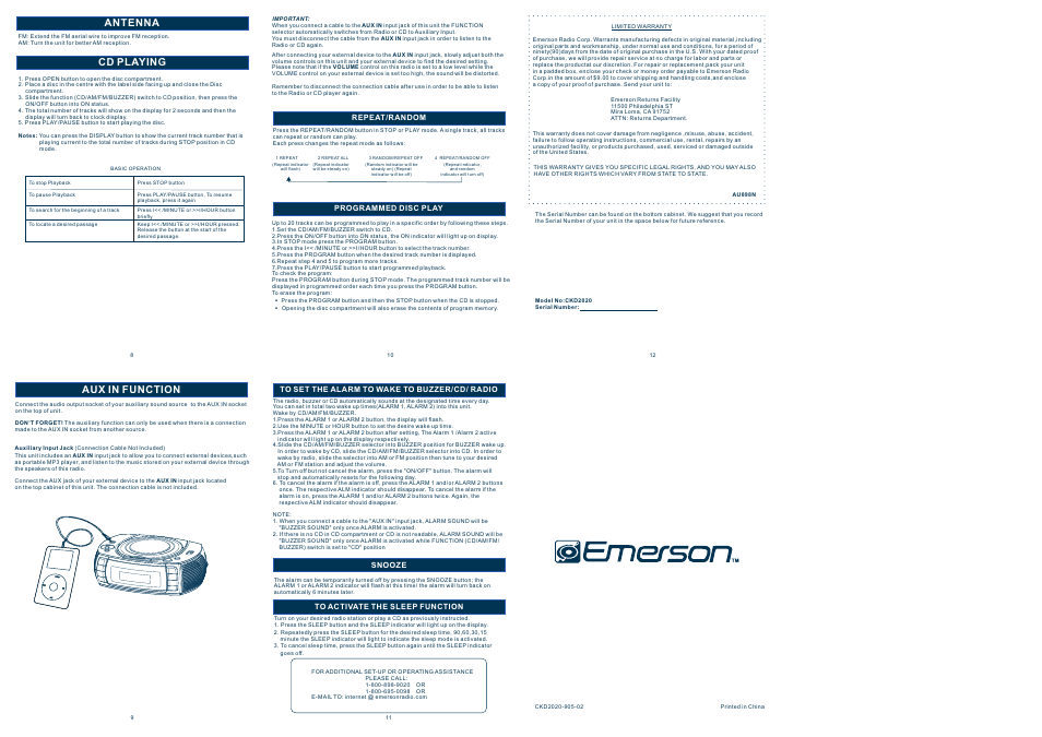Antenna, Cd playing, Aux in function | Emerson Radio CKD2020 User Manual | Page 2 / 2