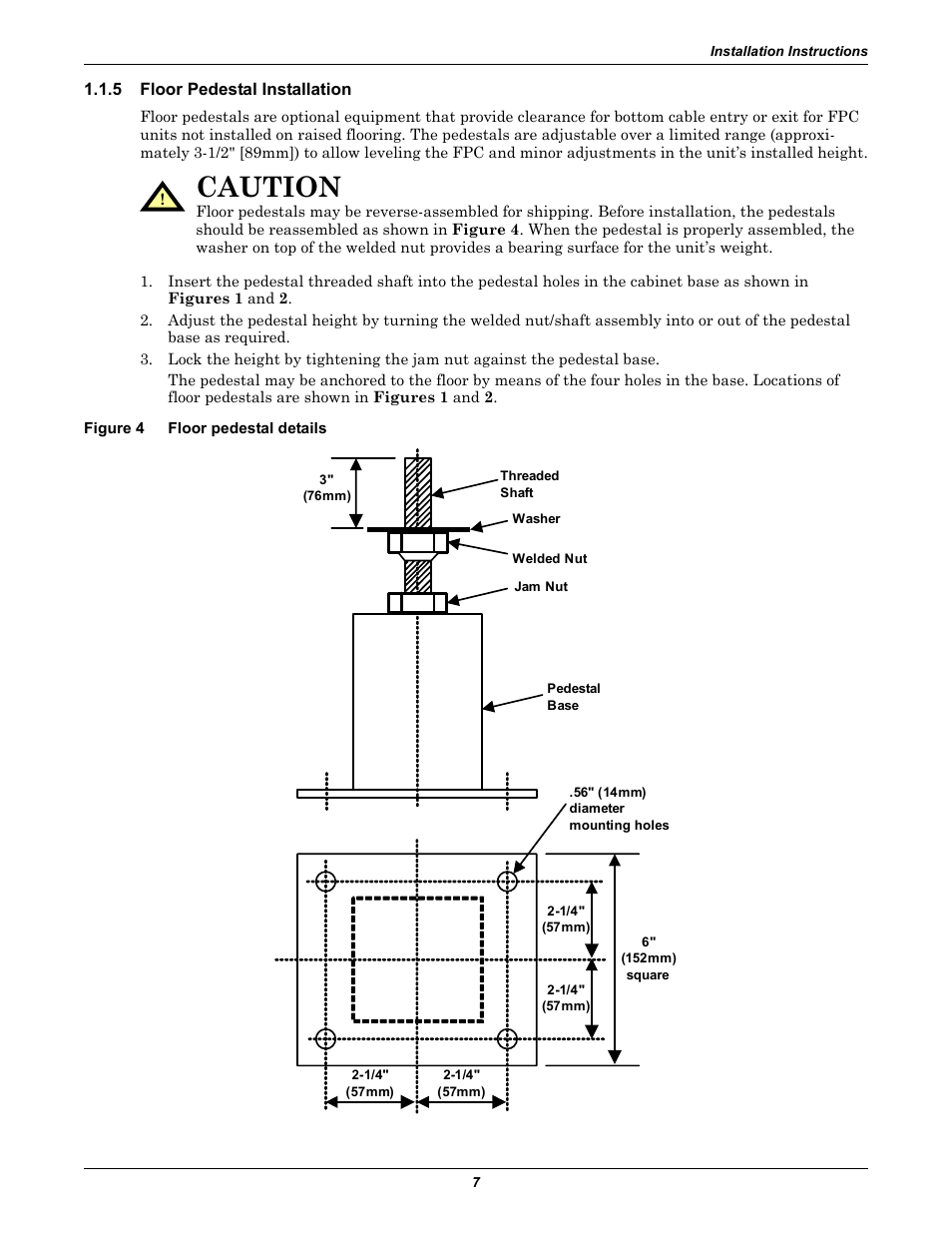 5 floor pedestal installation, Figure 4 floor pedestal details, Floor pedestal installation | Figure 4, Floor pedestal details, Caution | Emerson Liebert FPC User Manual | Page 11 / 40