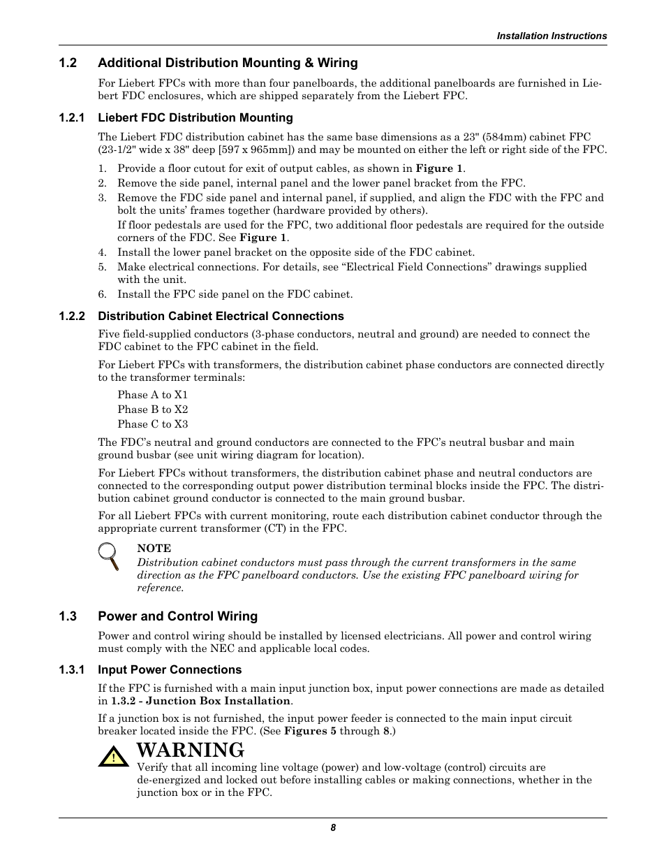 2 additional distribution mounting & wiring, 1 liebert fdc distribution mounting, 2 distribution cabinet electrical connections | 3 power and control wiring, 1 input power connections, Additional distribution mounting & wiring, Liebert fdc distribution mounting, Distribution cabinet electrical connections, Power and control wiring, Input power connections | Emerson Liebert FPC User Manual | Page 12 / 40