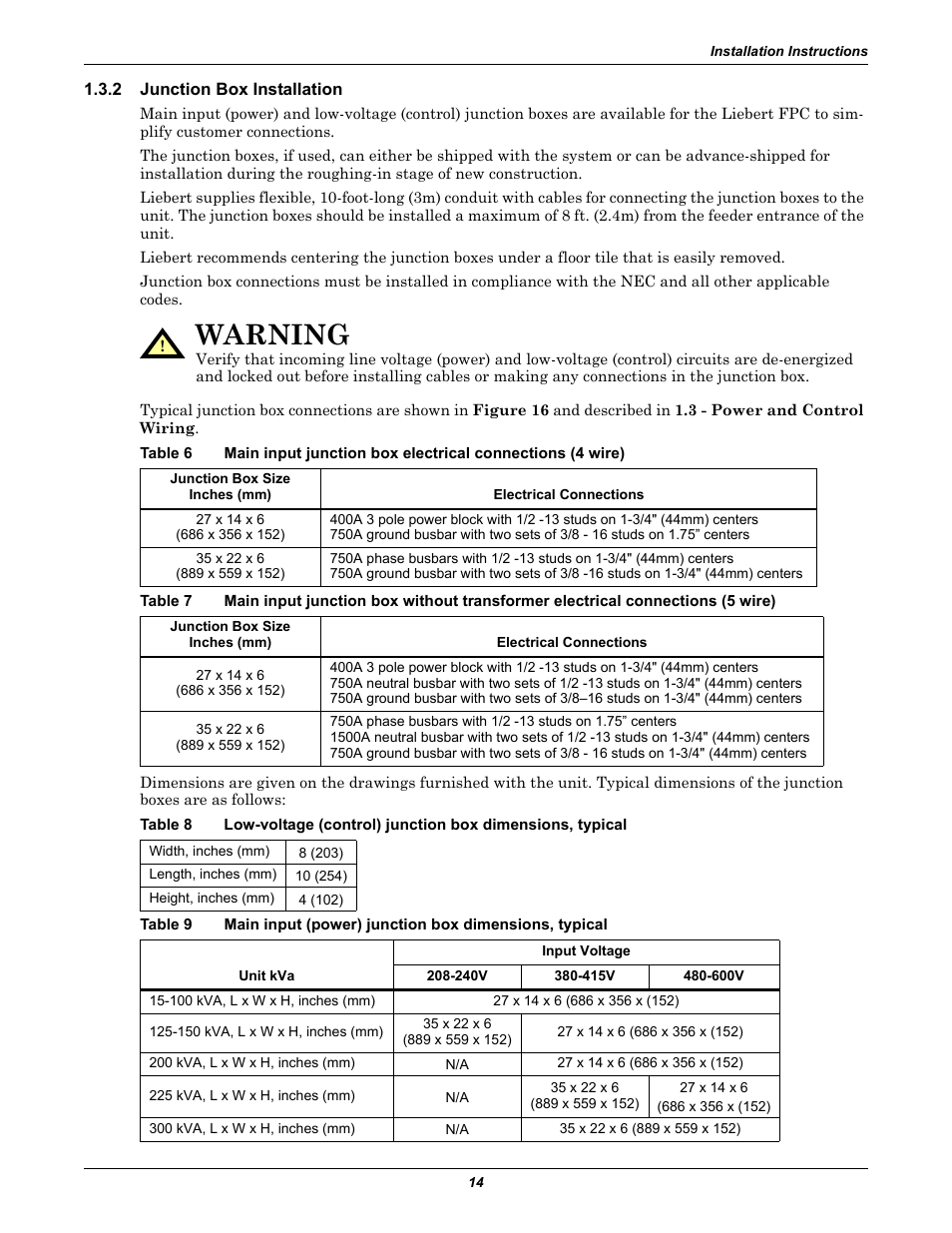 2 junction box installation, Junction box installation, Table 6 | Table 7, Table 8, Table 9, Warning | Emerson Liebert FPC User Manual | Page 18 / 40