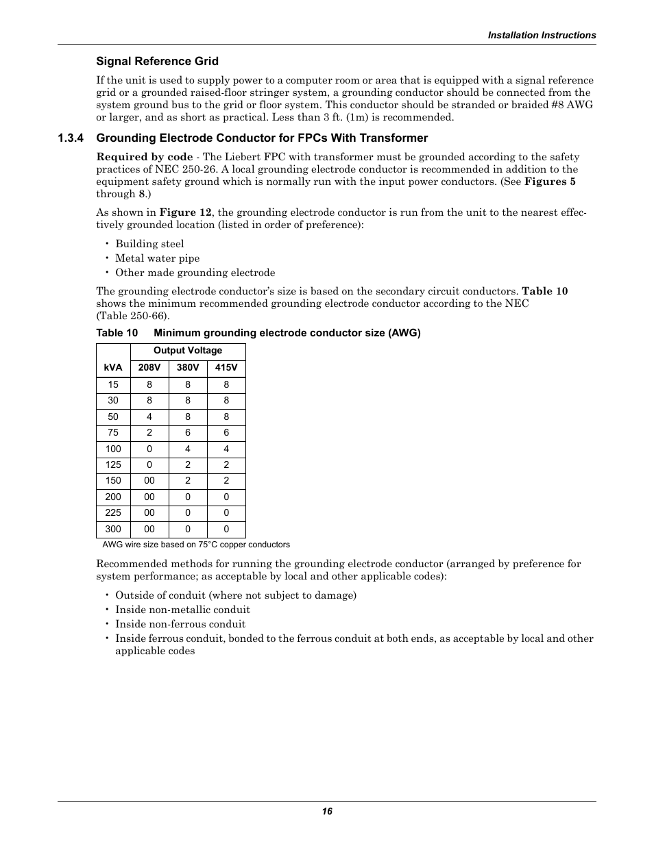 Signal reference grid, Table 10, Minimum grounding electrode conductor size (awg) | Emerson Liebert FPC User Manual | Page 20 / 40